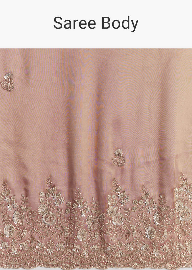Rust Orange Tissue Saree With Floral Embroidery In Cutdana Sequins And Beads - Image 9