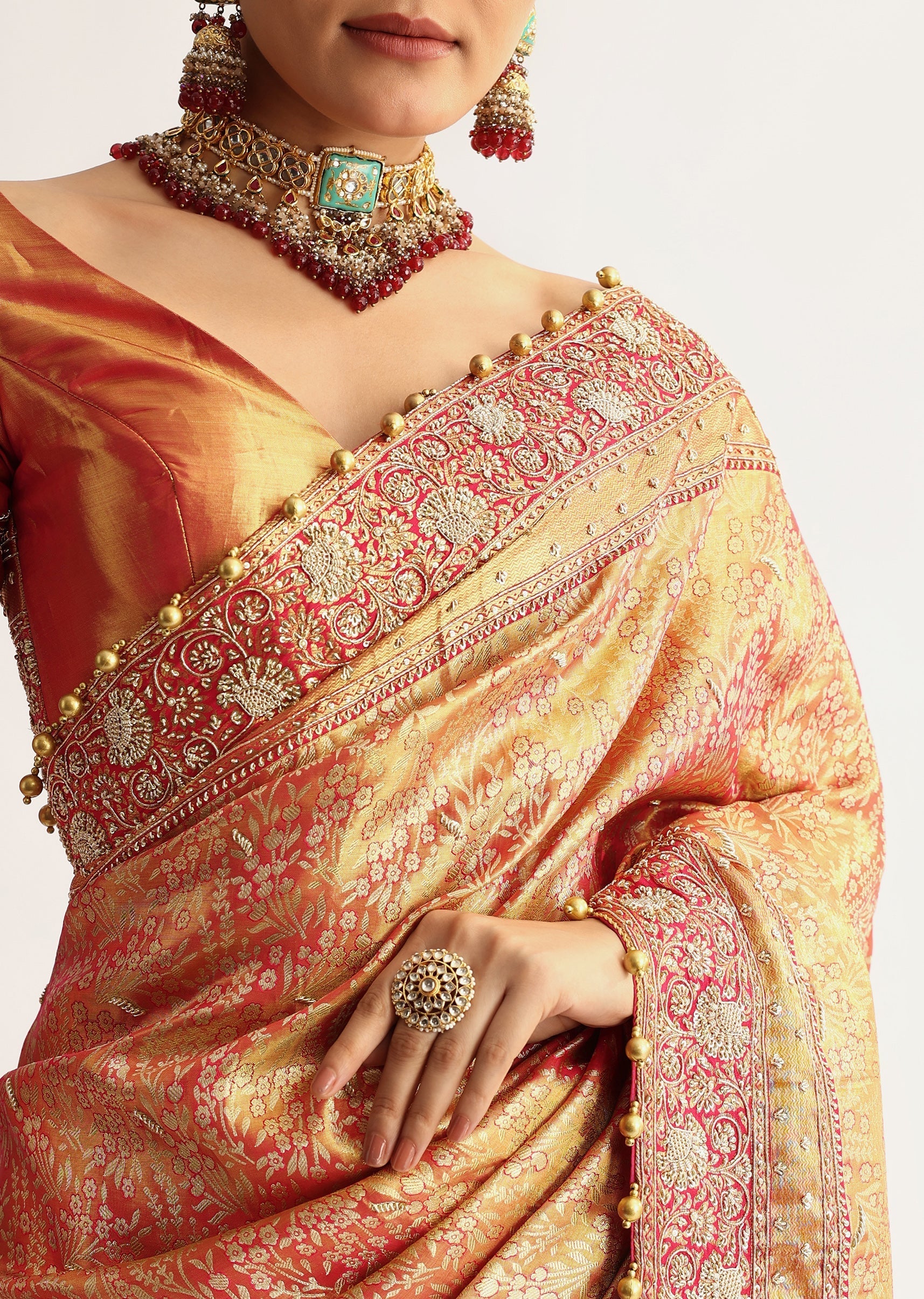 Rust Orange Tissue Saree With Heavily Embroidered Border And Pallu - Image 10