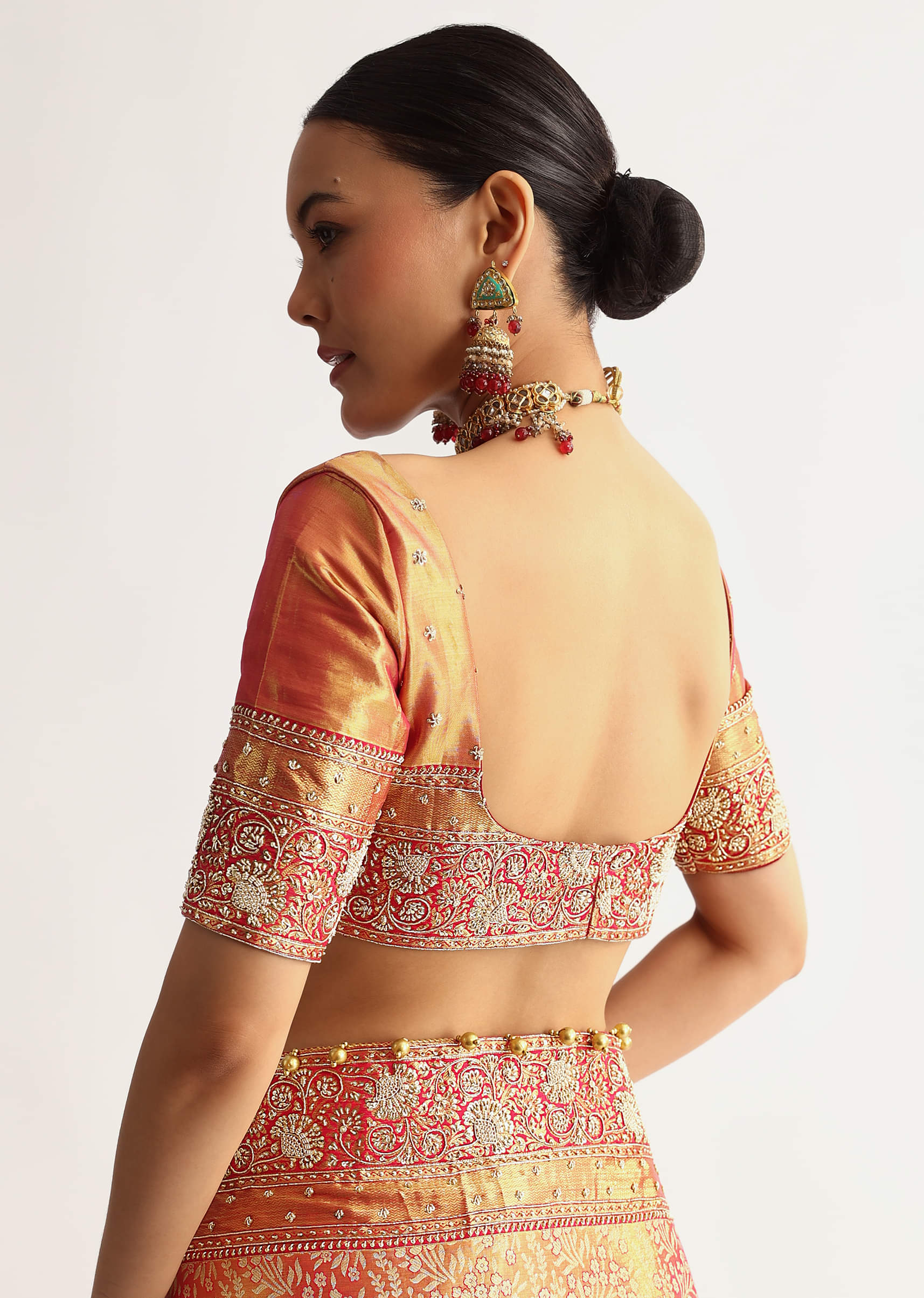 Rust Orange Tissue Saree With Heavily Embroidered Border And Pallu - Image 8