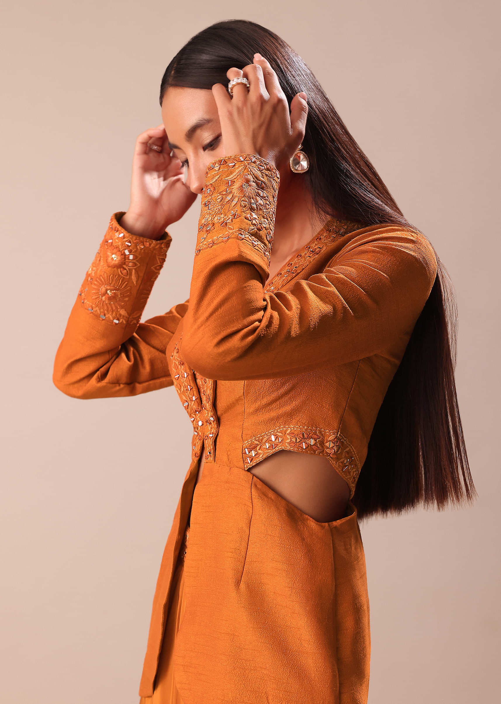 Rust Organza Jacket With Bustier And Draped Skirt - Image 6