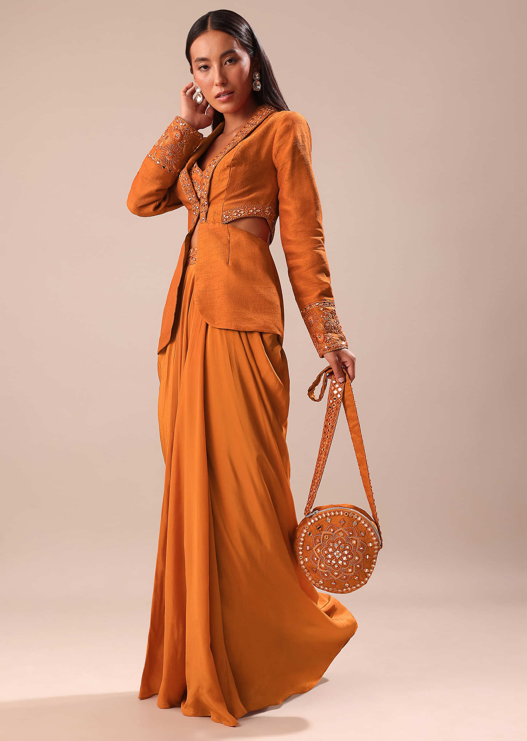 Rust Organza Jacket With Bustier And Draped Skirt - Image 7