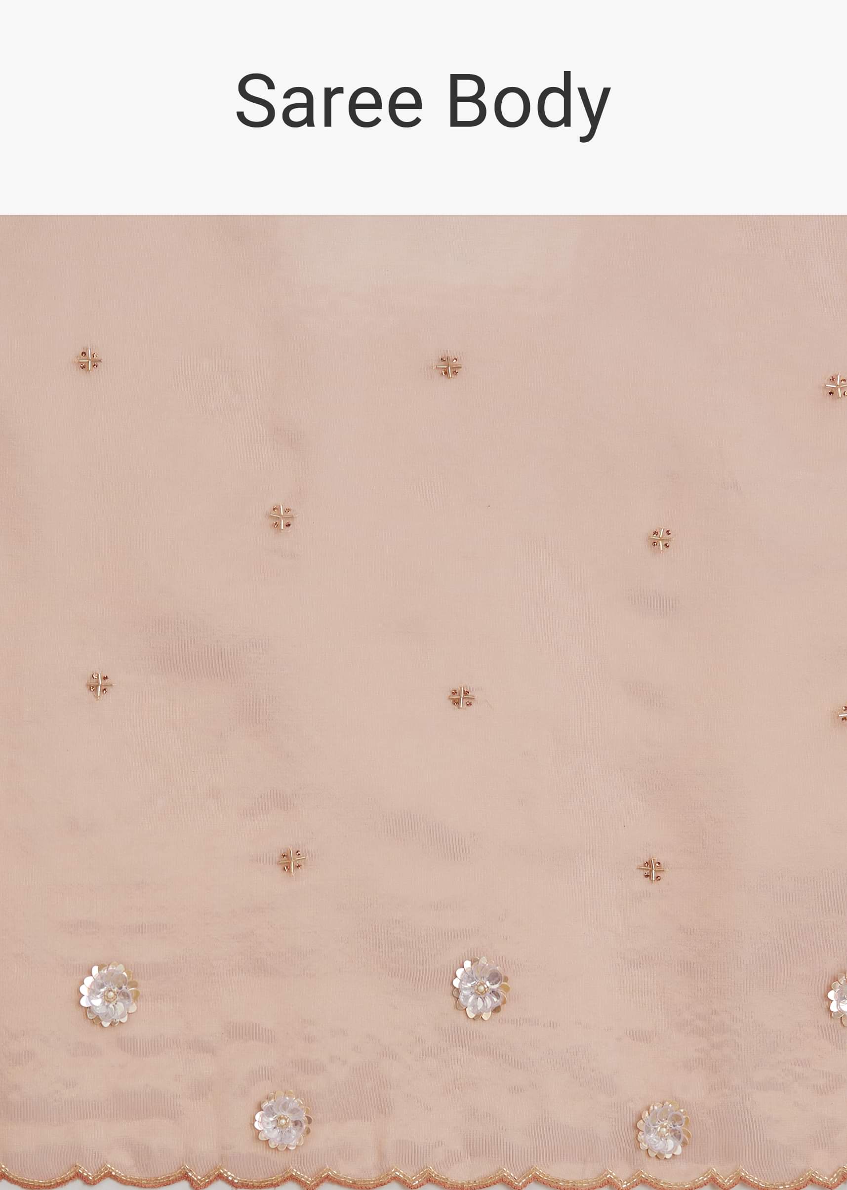 Rust Pink Tissue Floral Embroidered Saree With Cutdana Scallop Border - Image 9