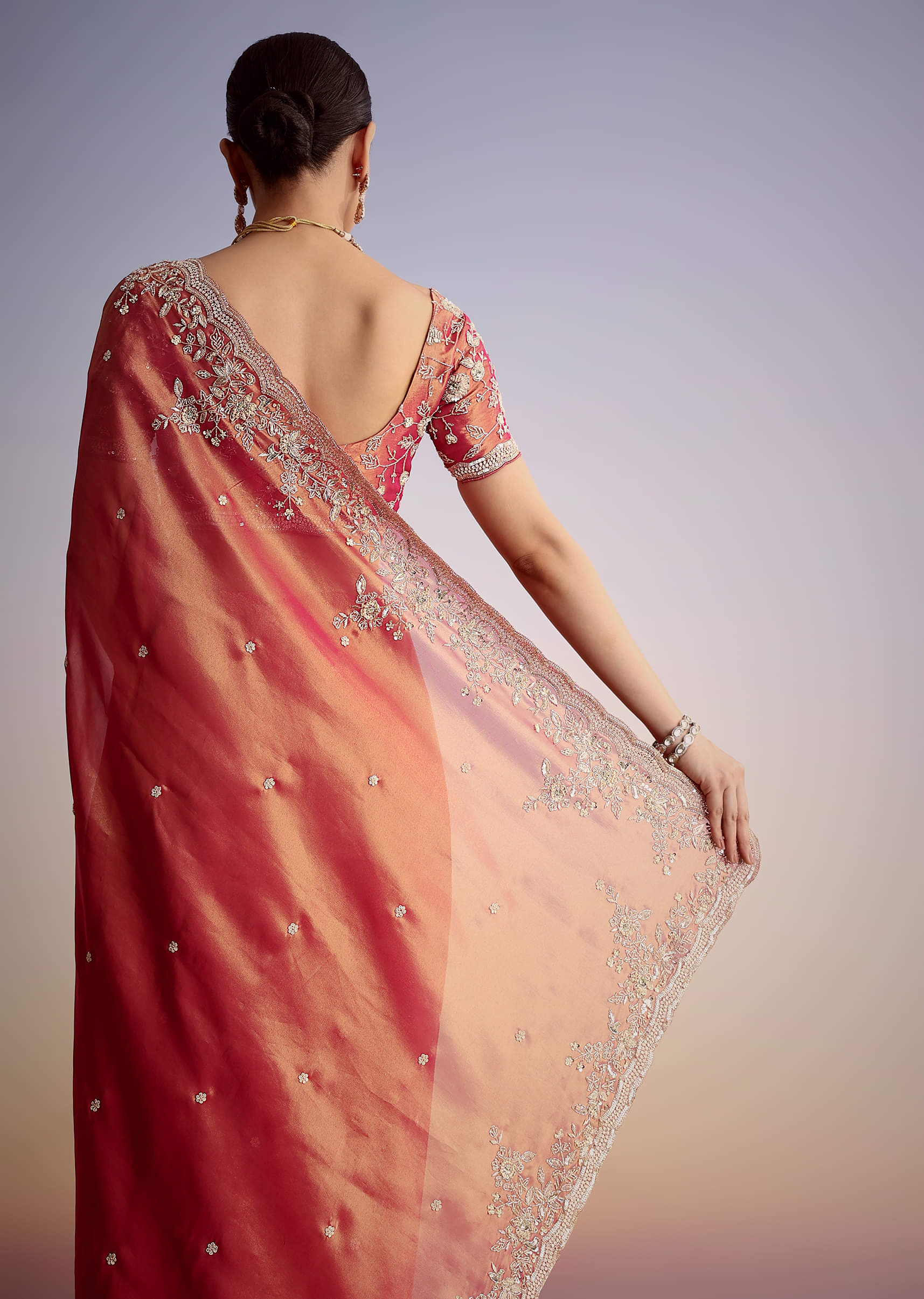 Rust Pink Tissue Saree With Zardosi Cutdana Embroidery - Image 4