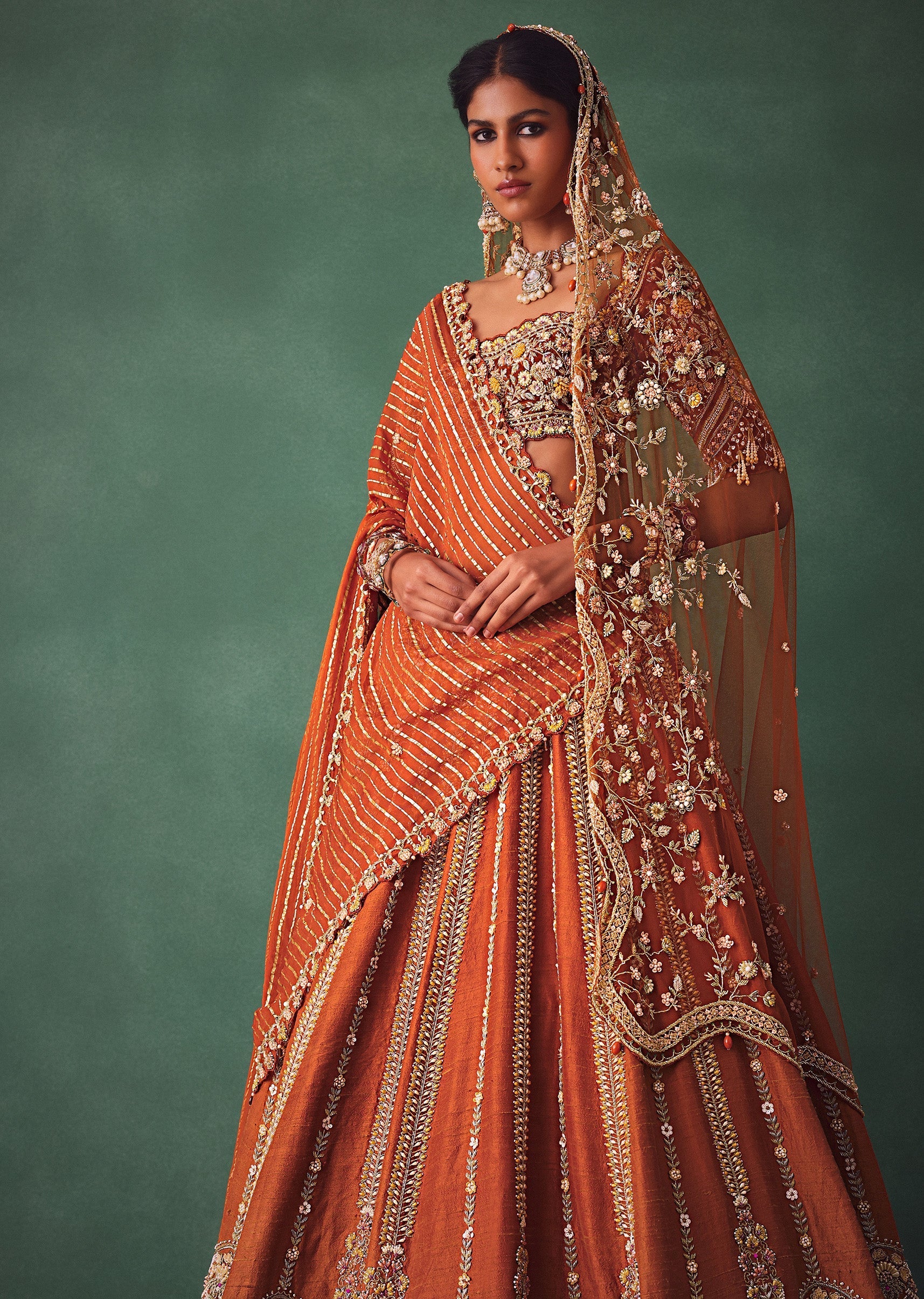 Rust Raw Silk Bridal Lehenga With Buti Work Dupatta - Image 2
