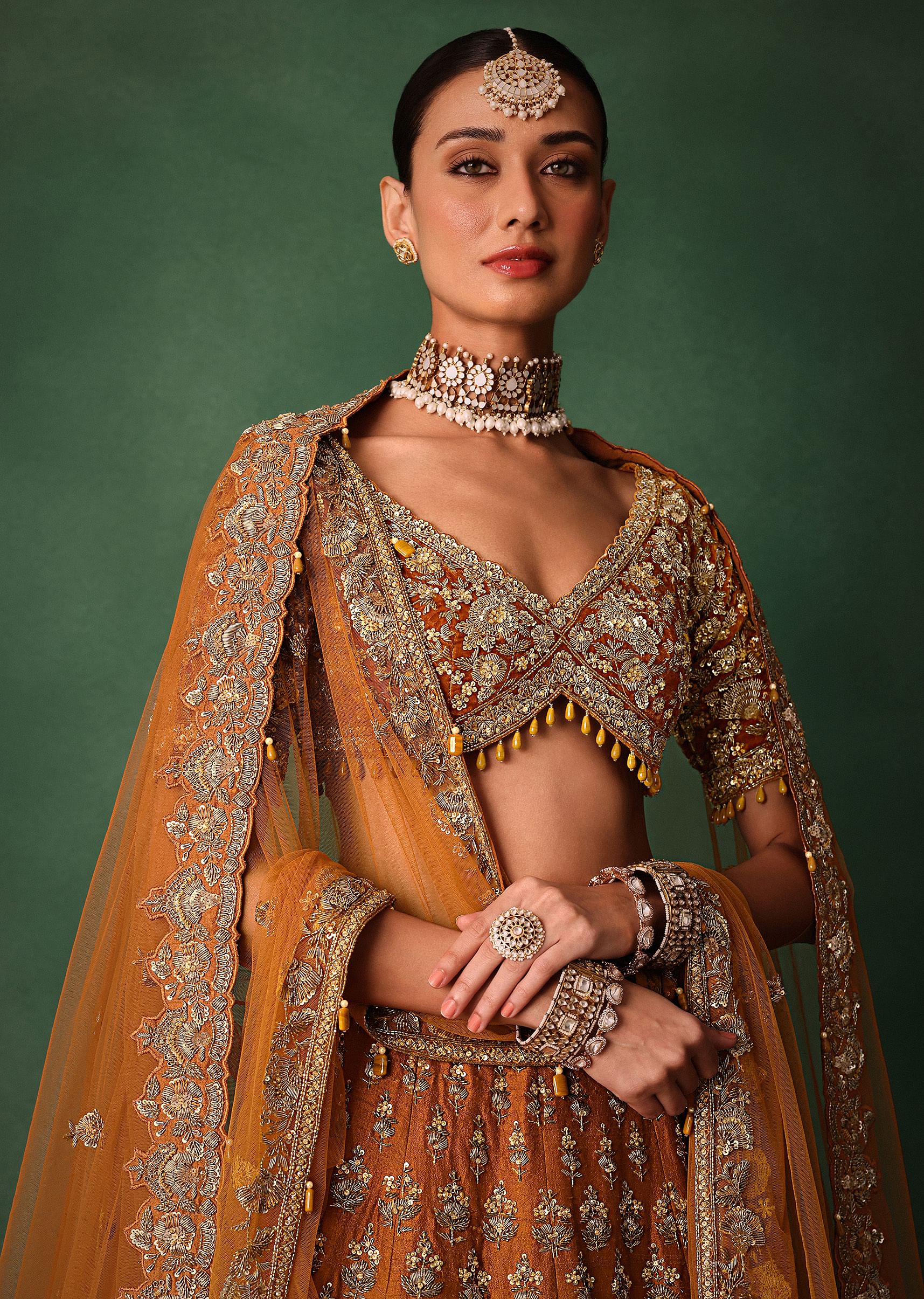 Rust Raw Silk Zardosi Embroidered Bridal Lehenga With Dupatta - Image 2
