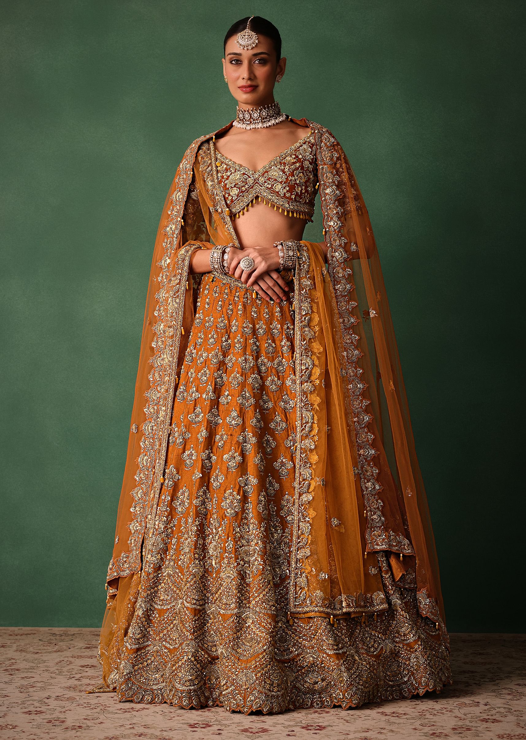 Rust Raw Silk Zardosi Embroidered Bridal Lehenga With Dupatta - Image 3
