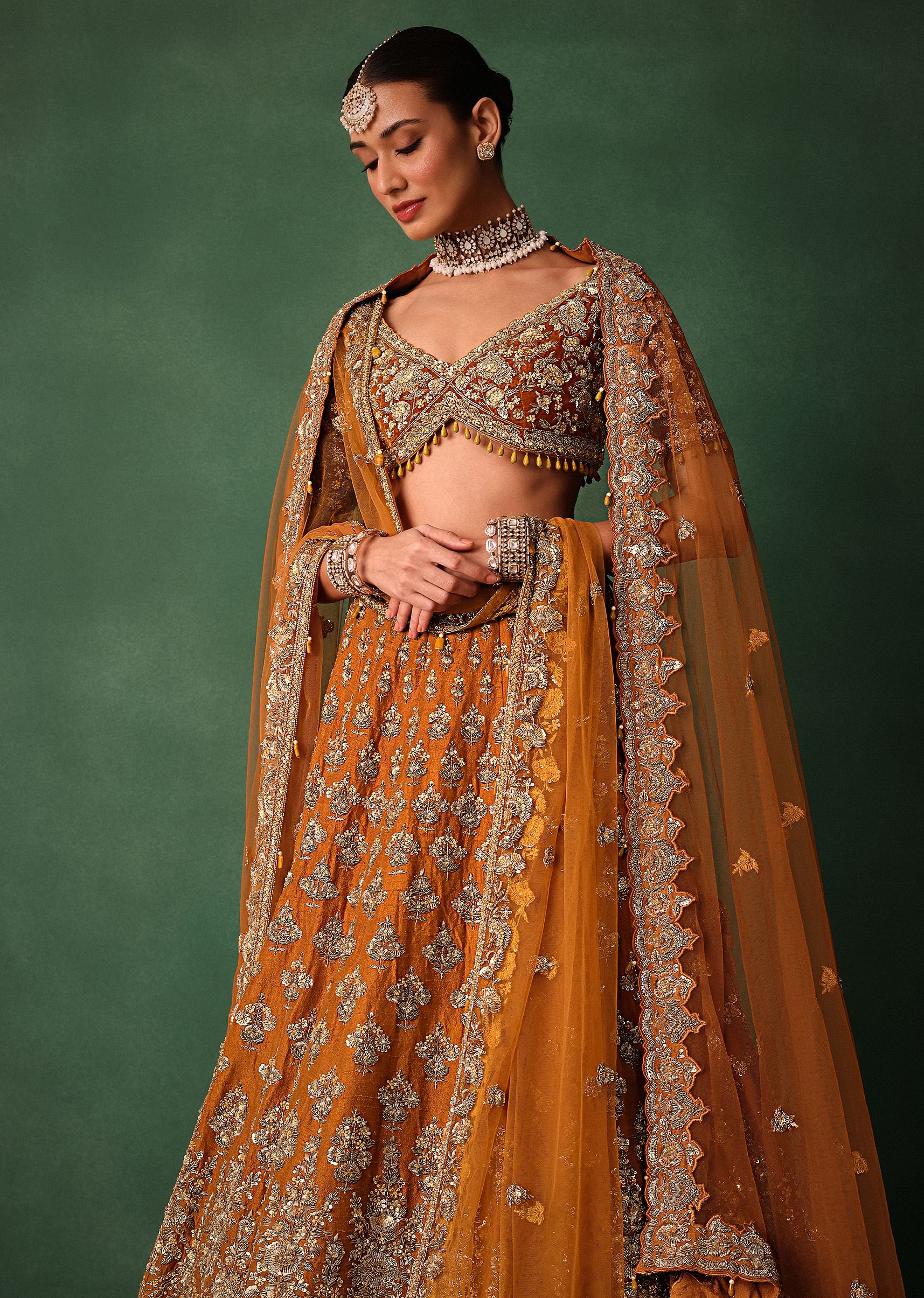 Rust Raw Silk Zardosi Embroidered Bridal Lehenga With Dupatta - Image 5