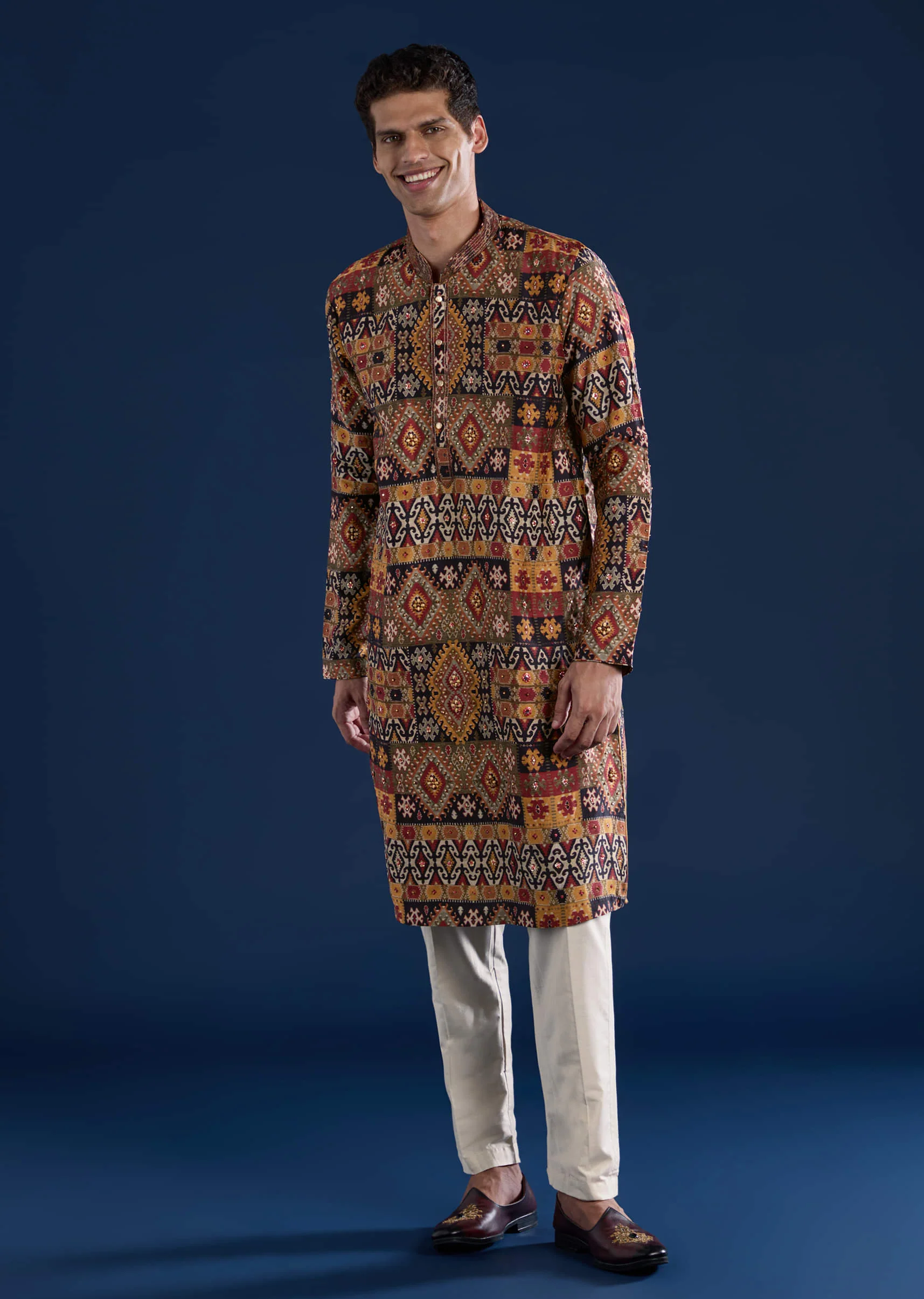 Rust Rawsilk Printed Mens Kurta and Pant Set