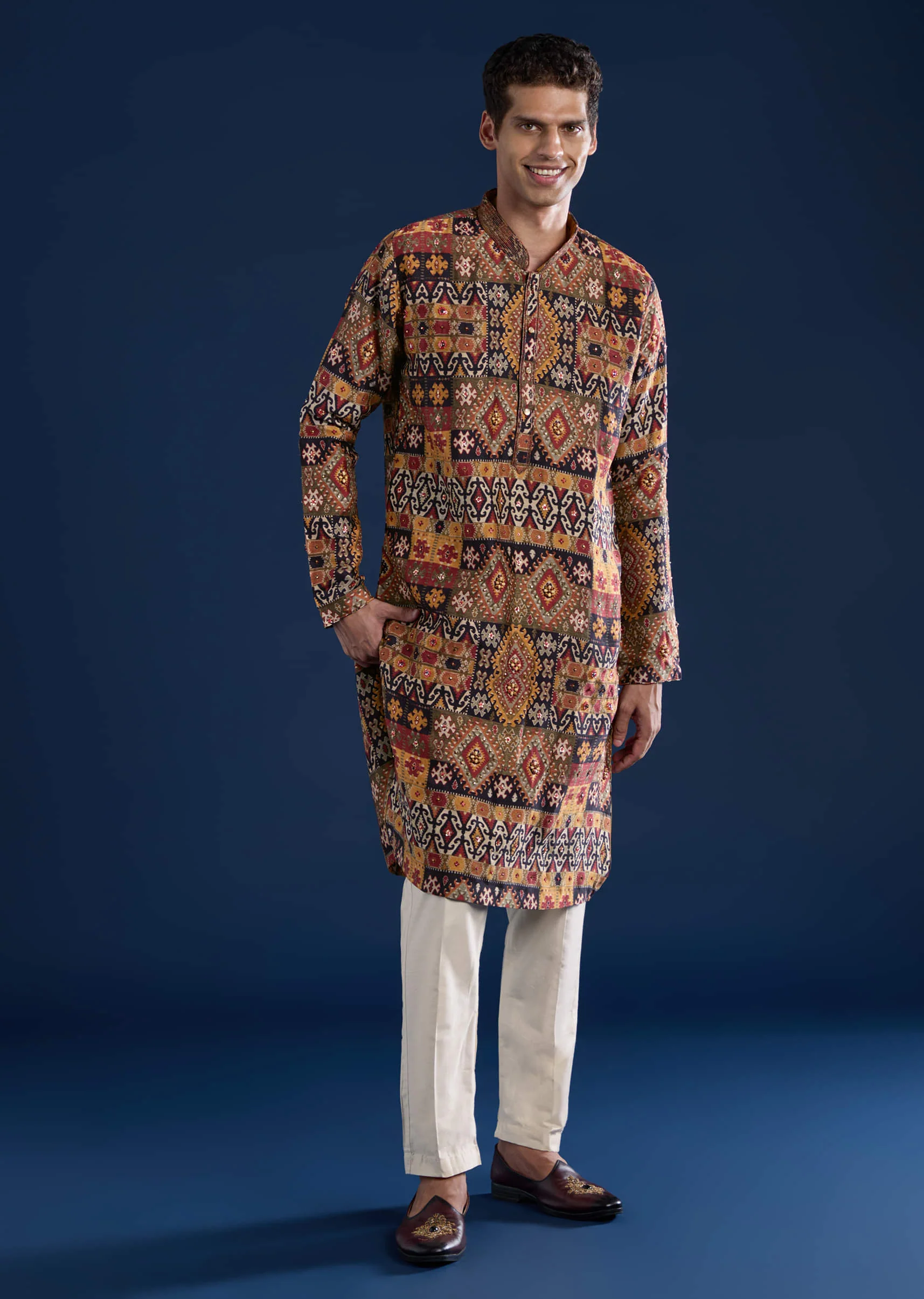 Rust Rawsilk Printed Mens Kurta and Pant Set - Image 3