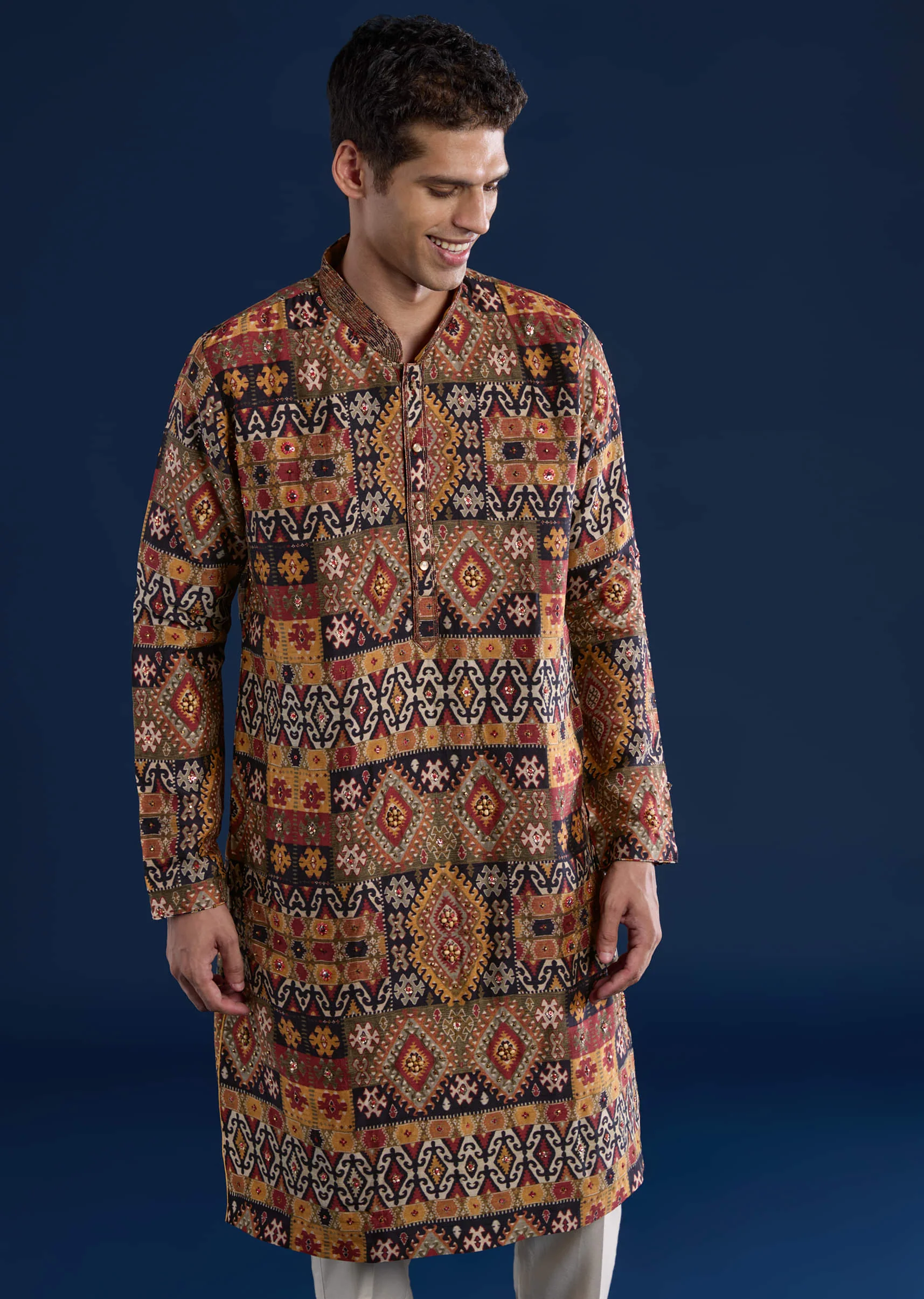 Rust Rawsilk Printed Mens Kurta and Pant Set - Image 4