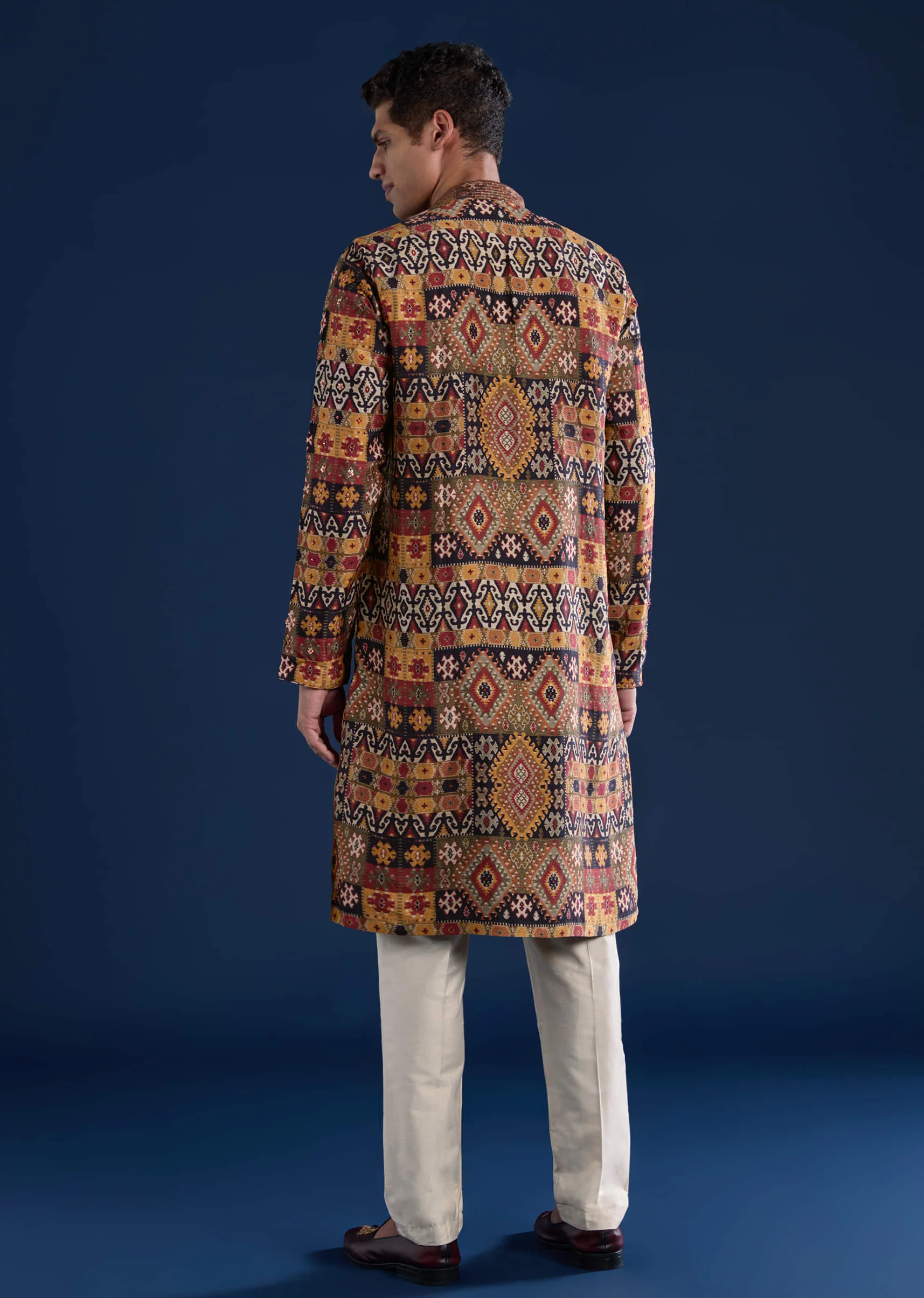Rust Rawsilk Printed Mens Kurta and Pant Set - Image 5