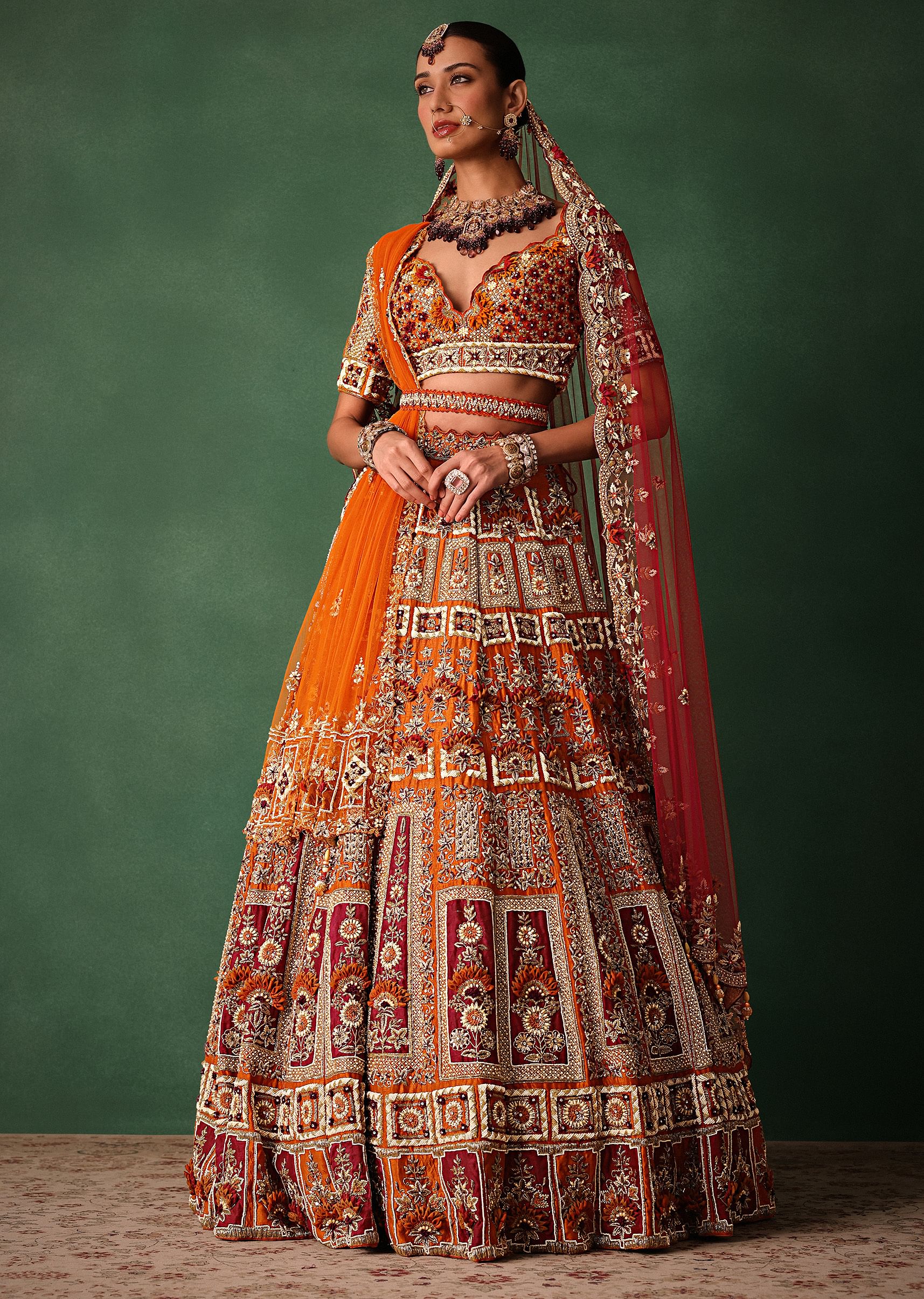 Rust Red Hand Work Bridal Lehenga With Deep Neckline Blouse And Dupatta - Image 3