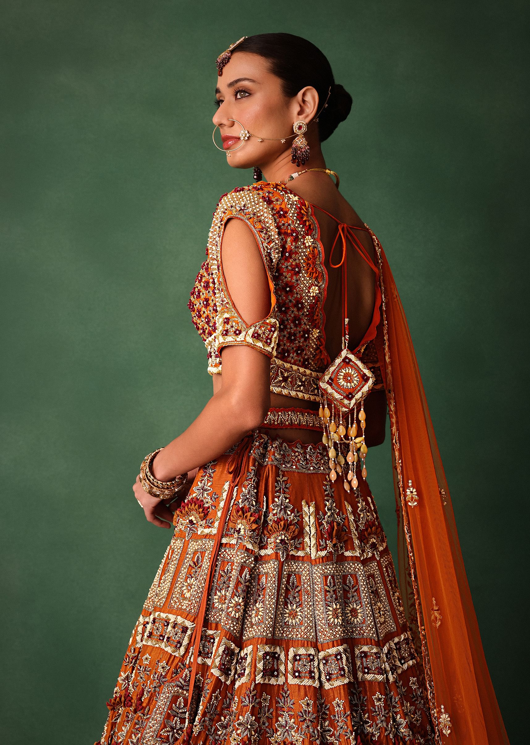 Rust Red Hand Work Bridal Lehenga With Deep Neckline Blouse And Dupatta - Image 4