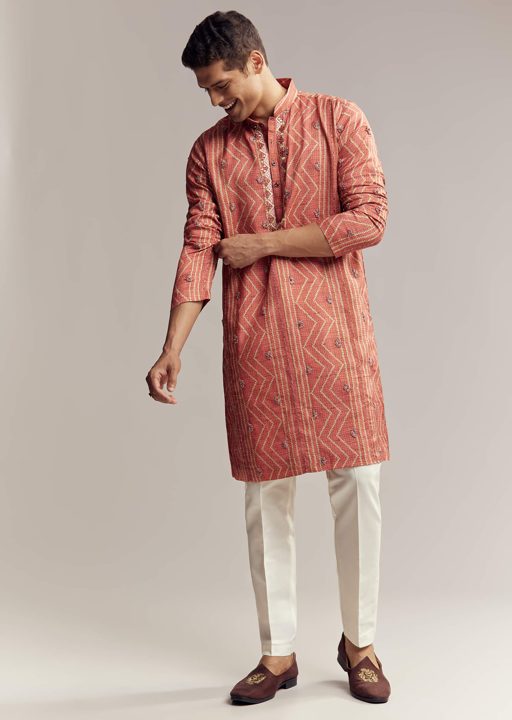 Rust Red Silk Kurta Set For Men With Embroidery - Image 4