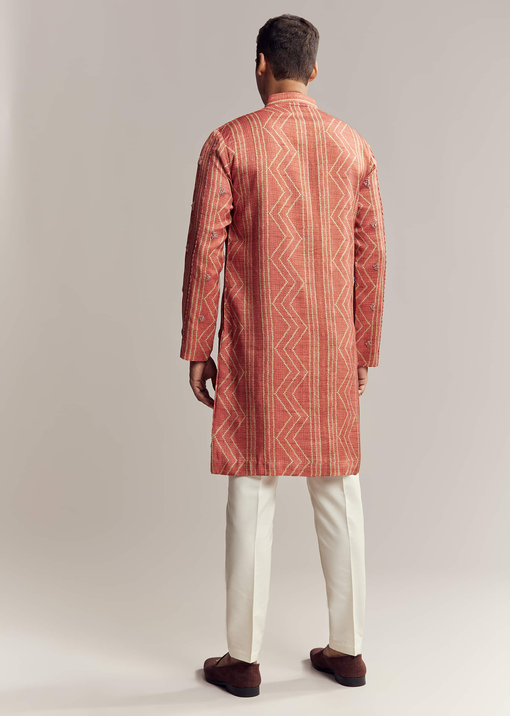 Rust Red Silk Kurta Set For Men With Embroidery - Image 5