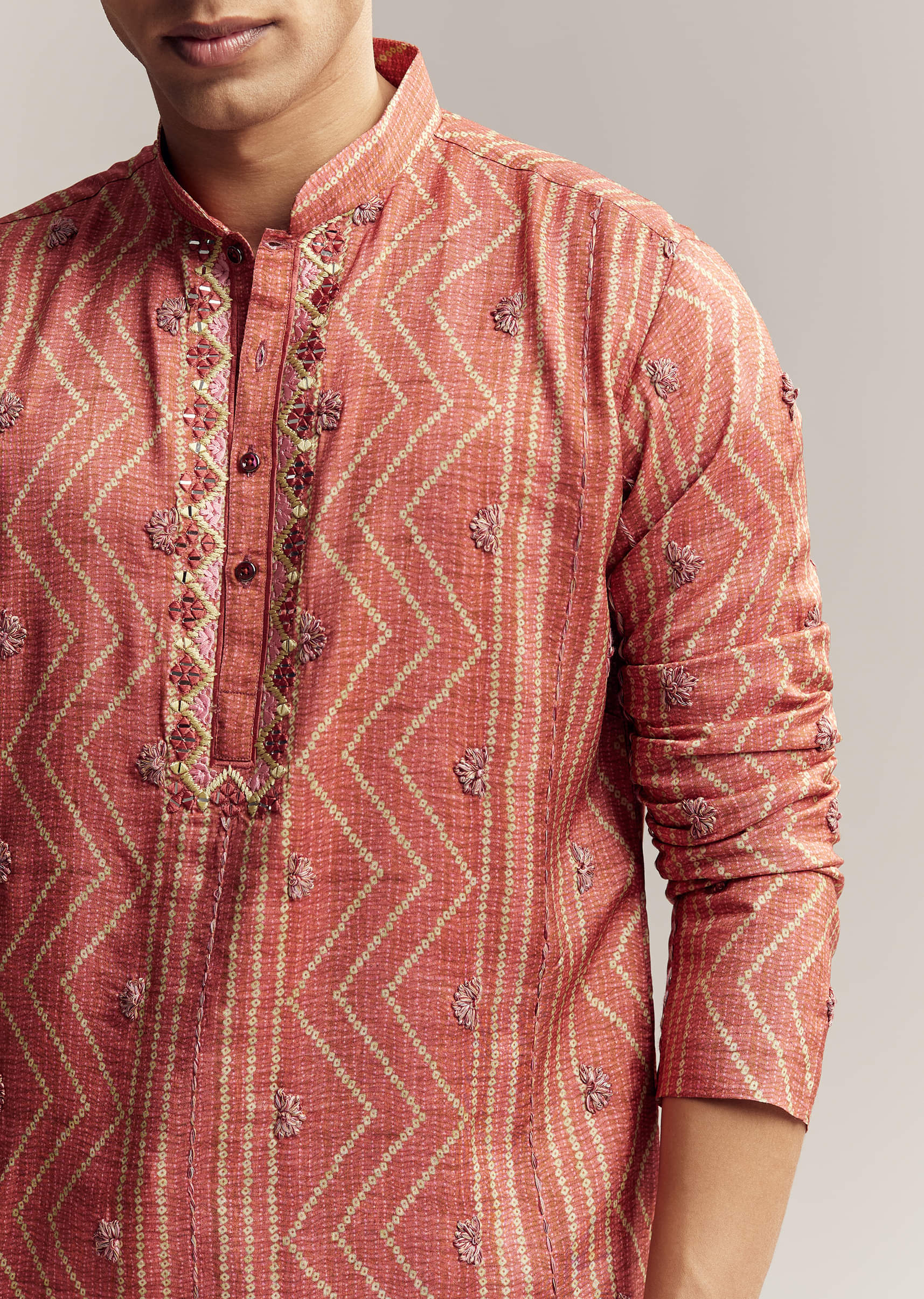 Rust Red Silk Kurta Set For Men With Embroidery - Image 7