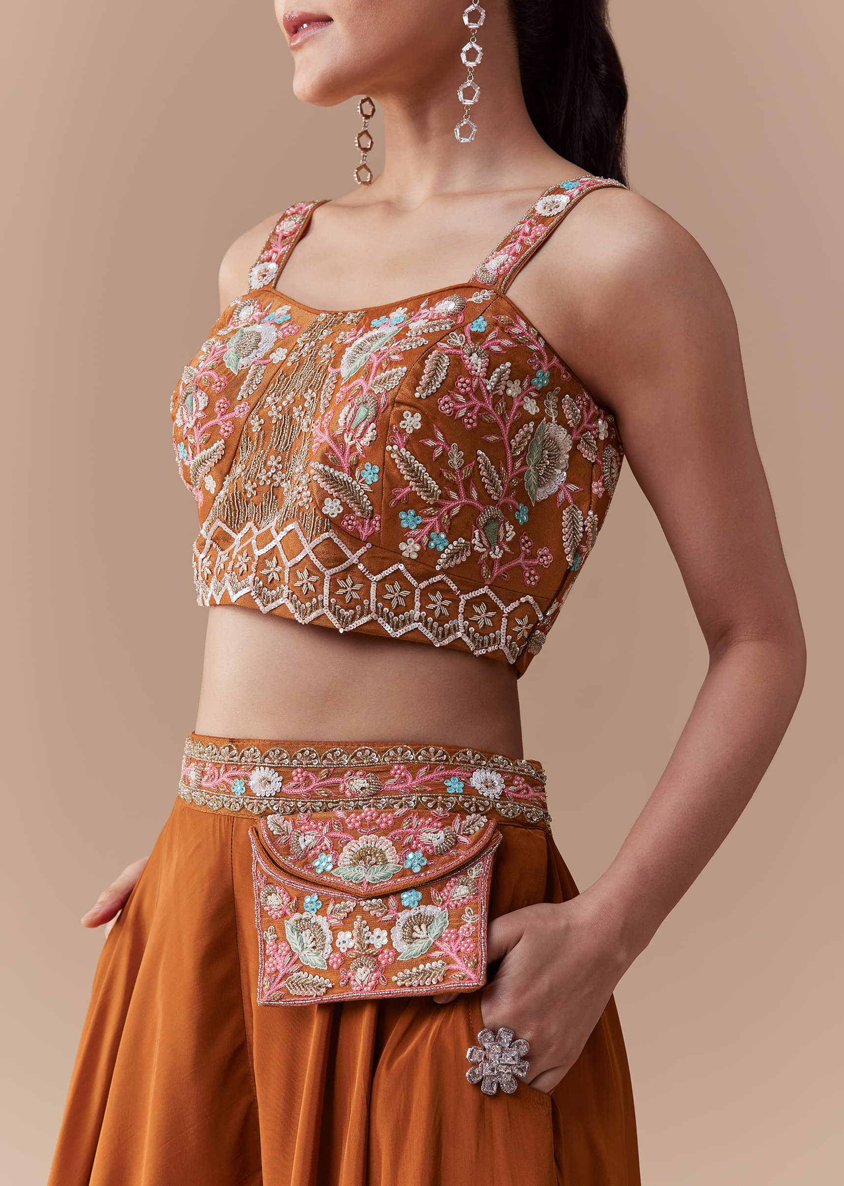 Rust Silk Crop Top Palazzo Set with Cudtana Embroidery - Image 2