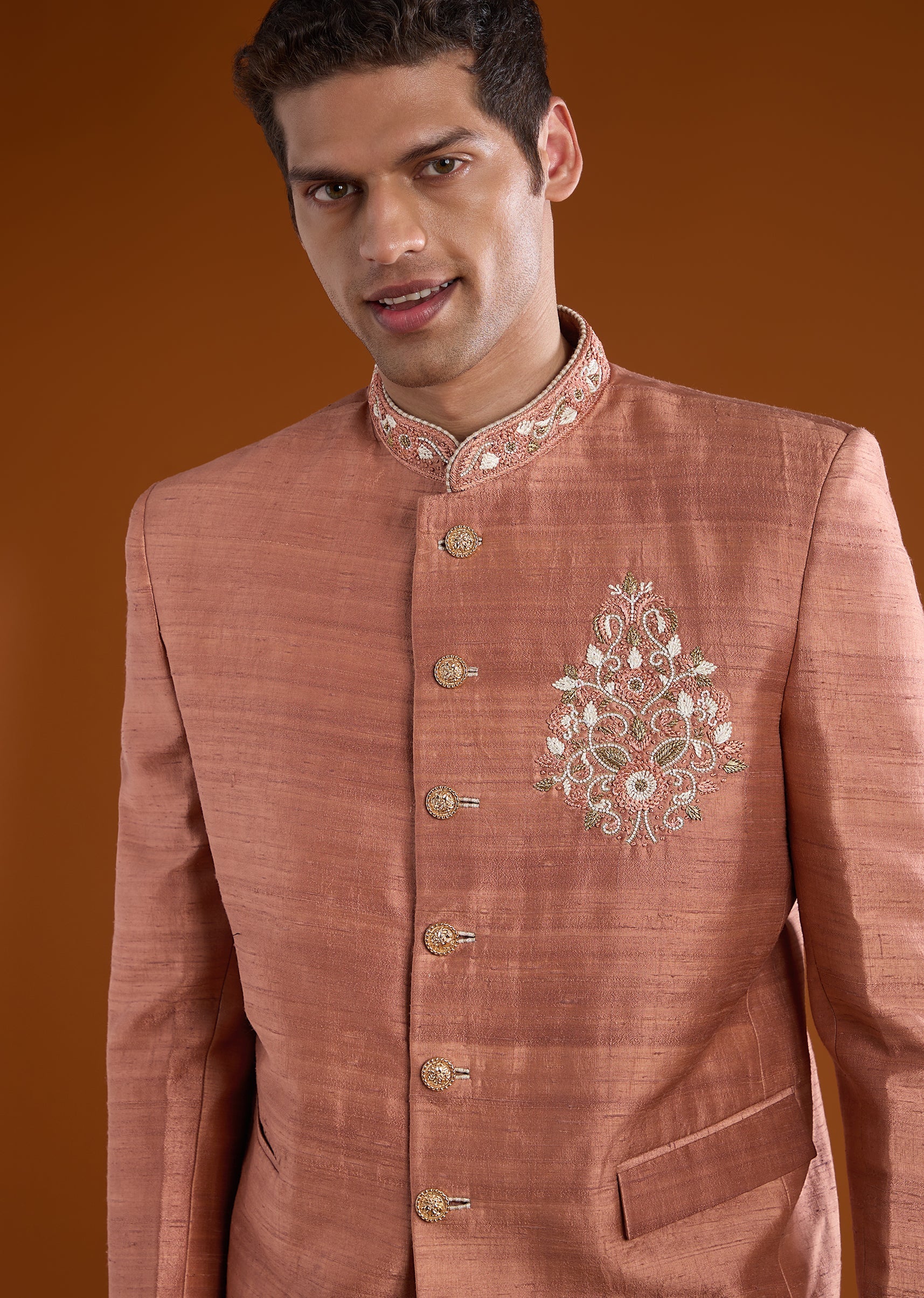 Rust Silk Jodhpuri Pant Set with Resham Work - Image 3