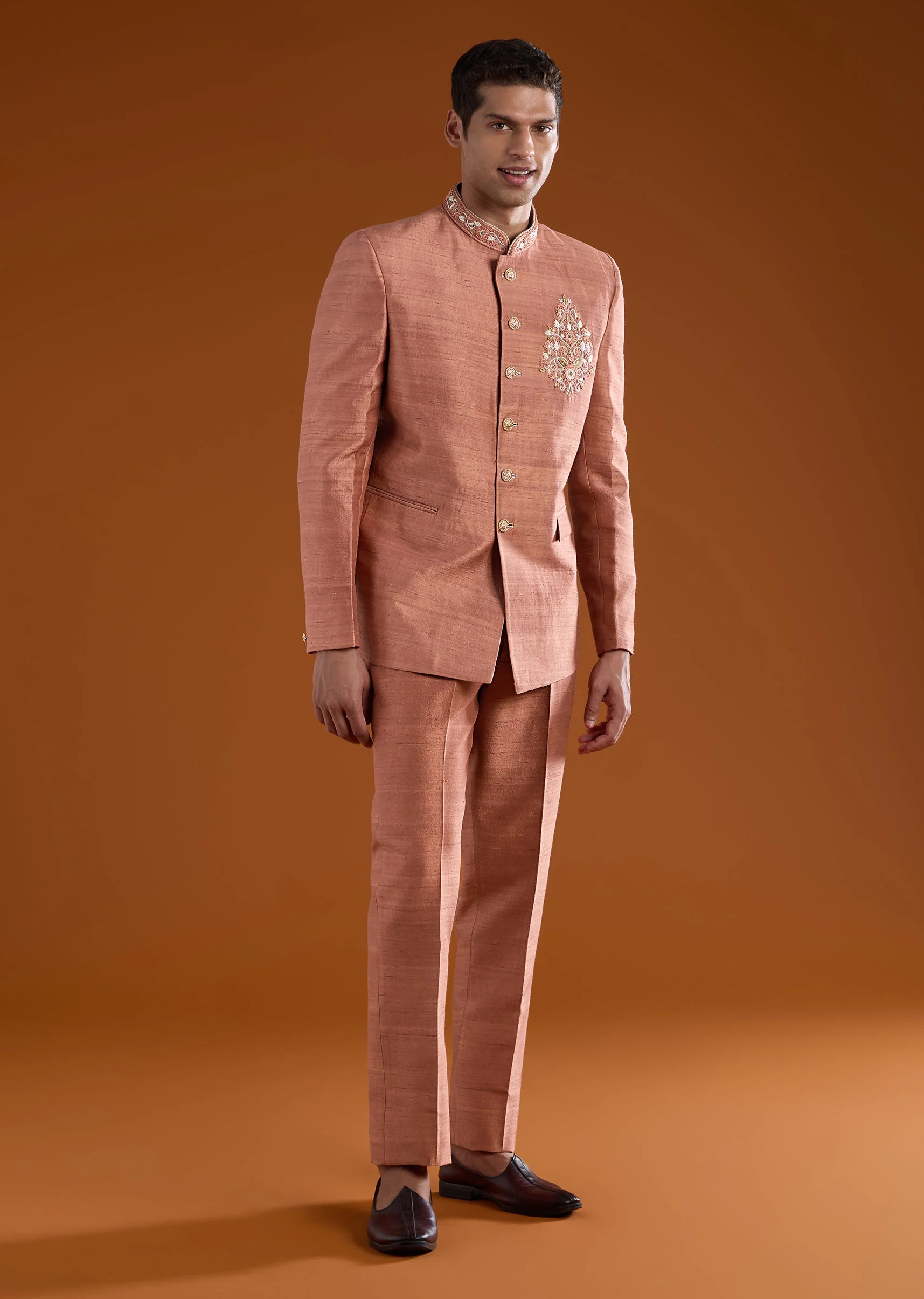 Rust Silk Jodhpuri Pant Set with Resham Work - Image 4