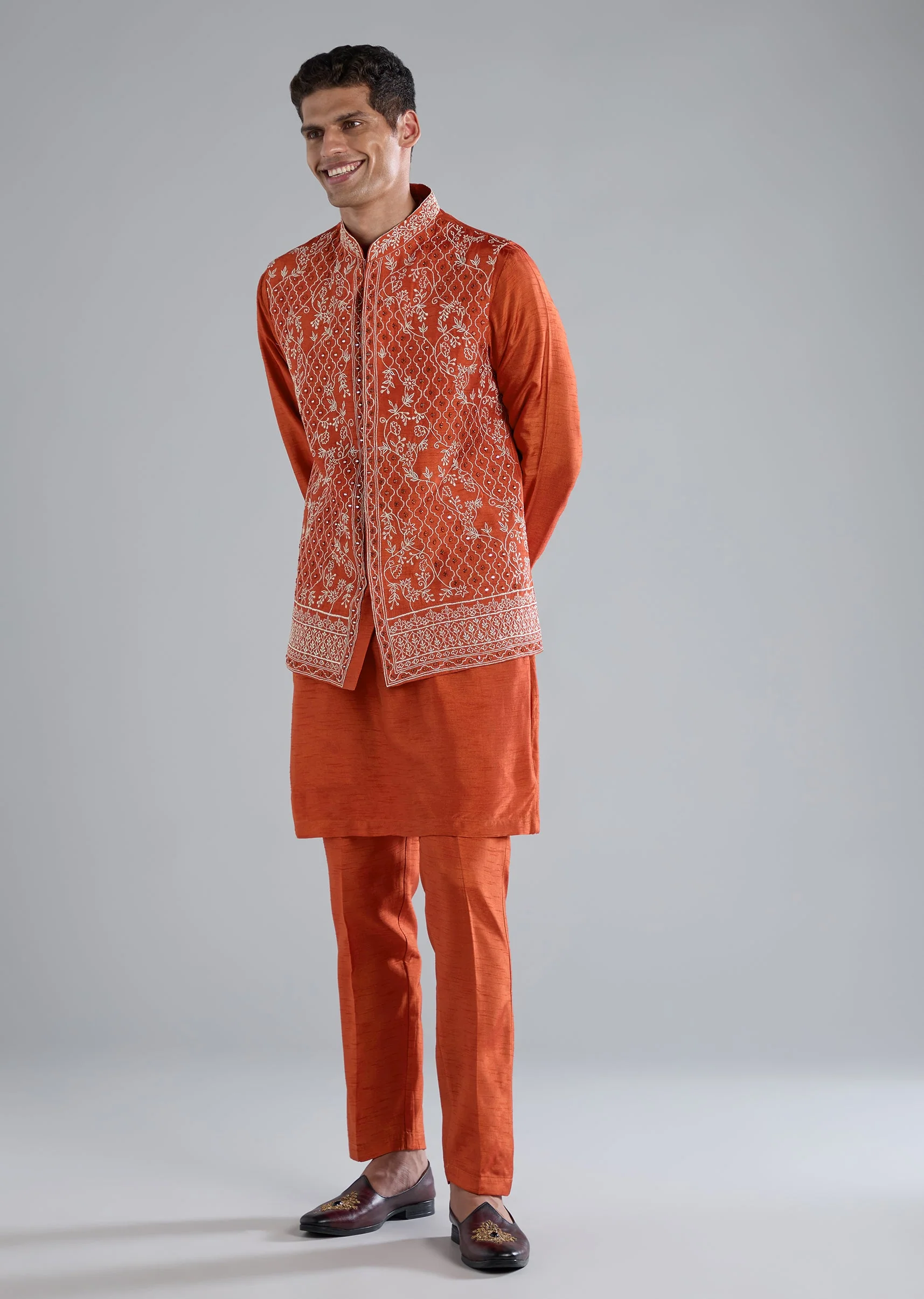 Rust Silk Kurta Jacket Set With Zari Mirror Work