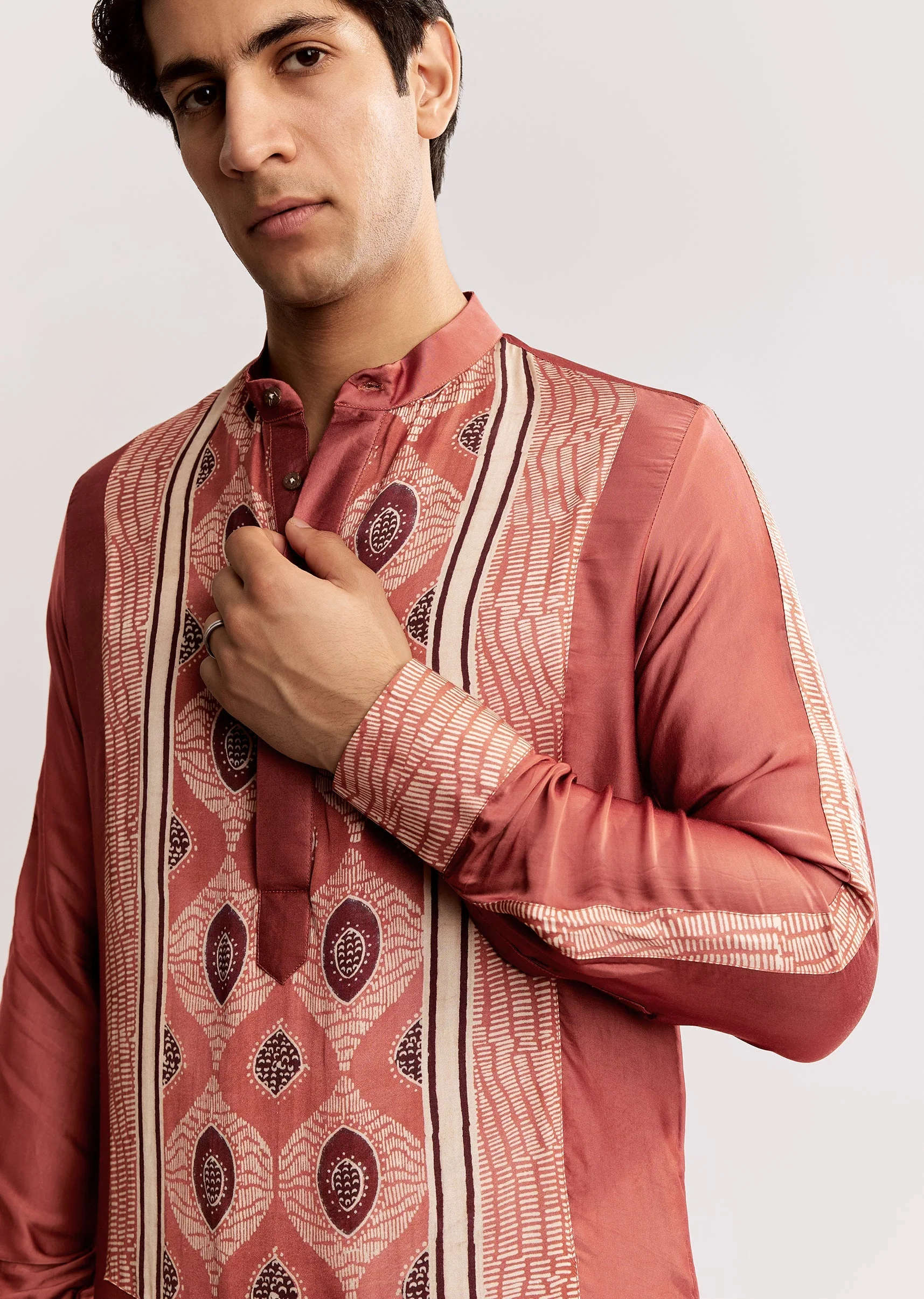 Rust Silk Kurta Set With Handcrafted Ajrakh Print - Image 3