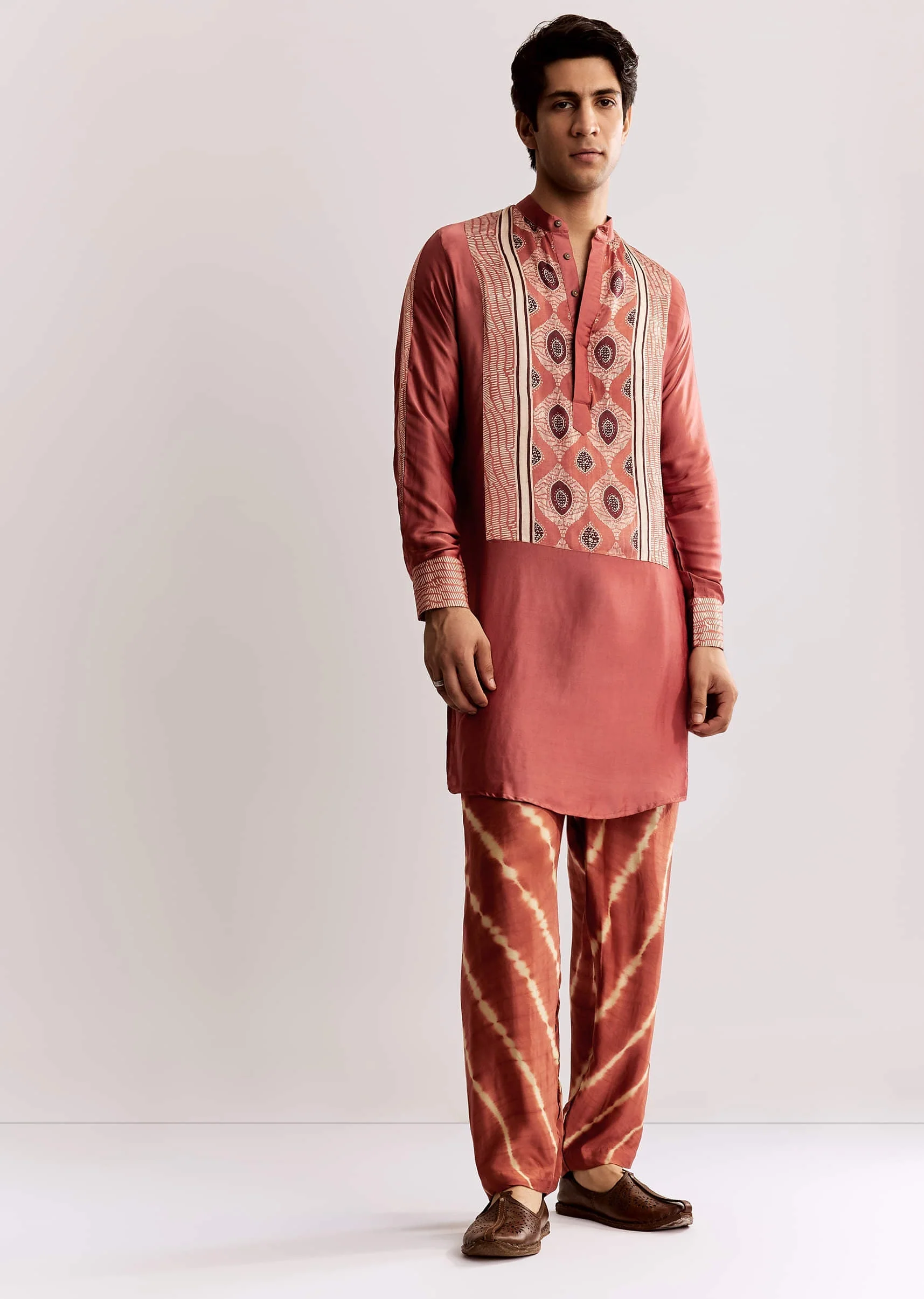 Rust Silk Kurta Set With Handcrafted Ajrakh Print - Image 4