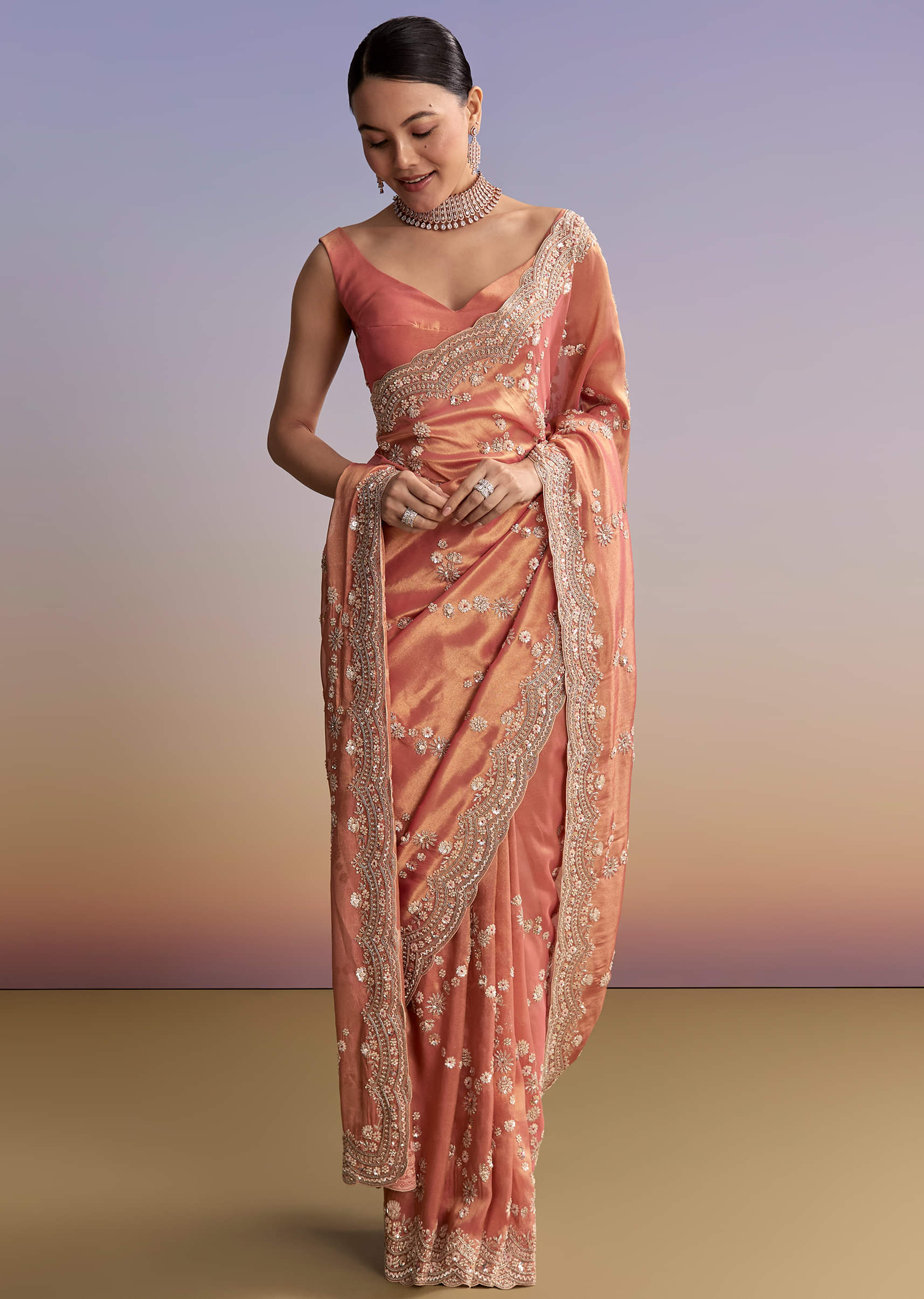 Rust Tissue Embroidered Saree With Cutdana And Stone Work - Image 3