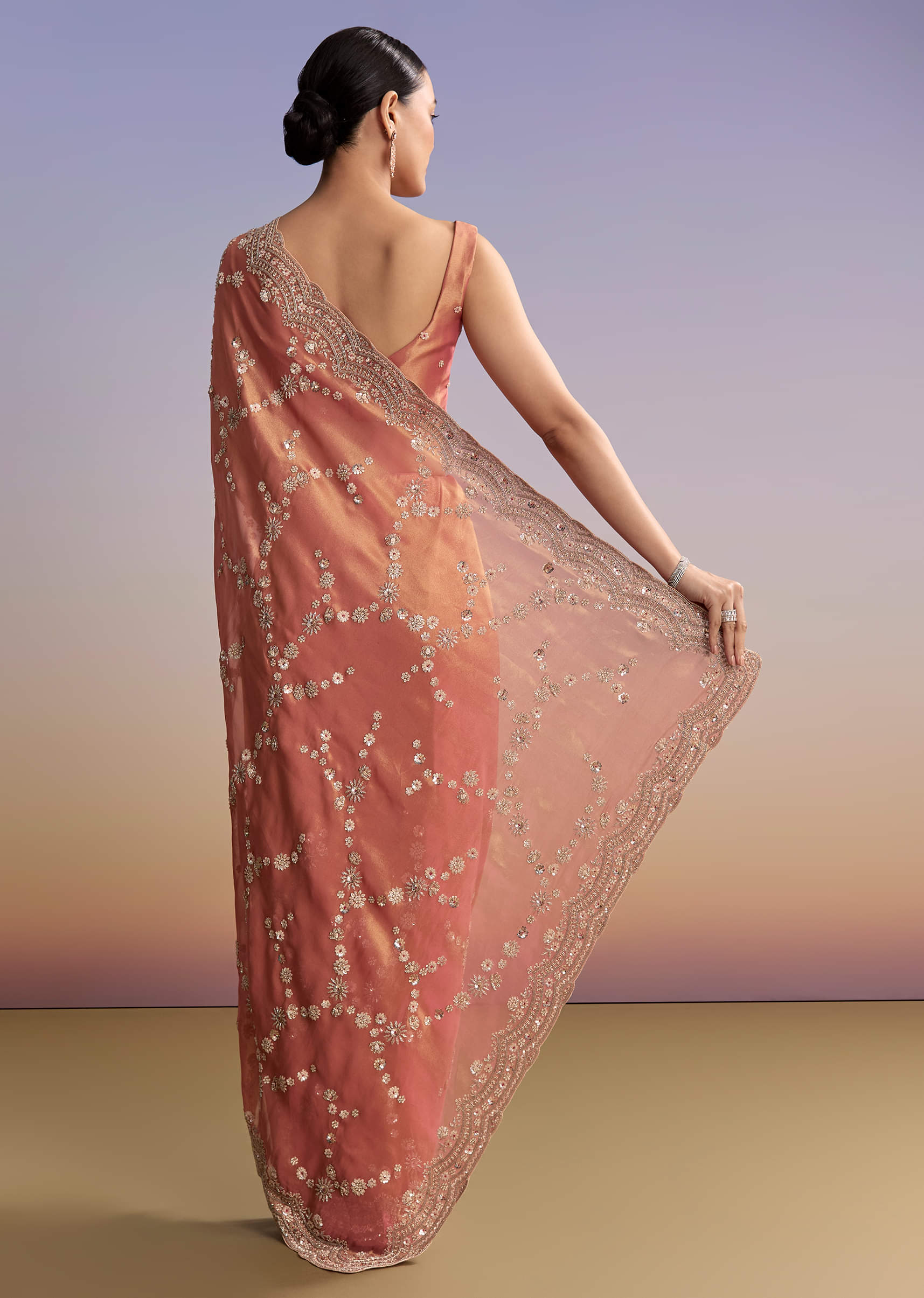 Rust Tissue Embroidered Saree With Cutdana And Stone Work - Image 4