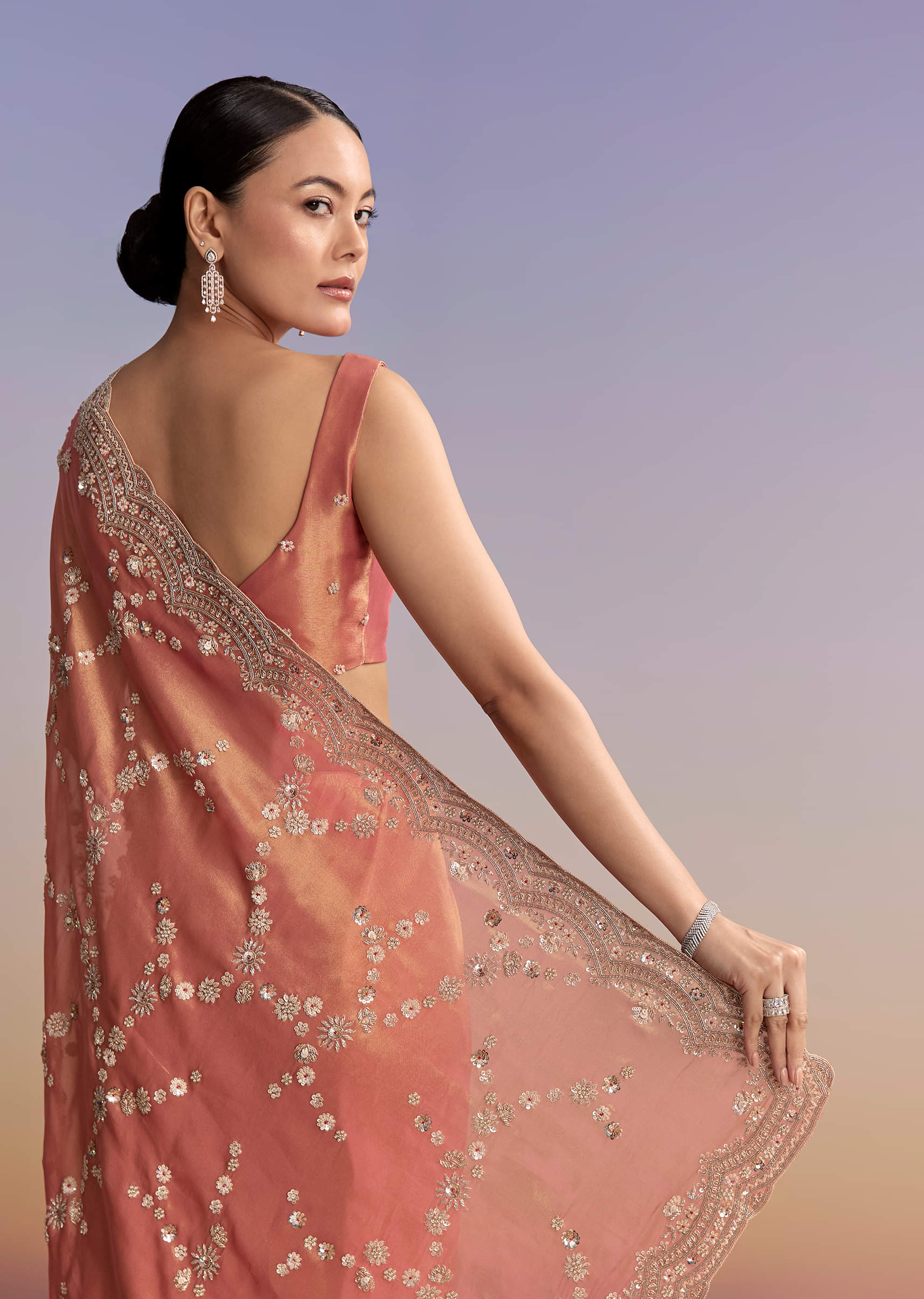 Rust Tissue Embroidered Saree With Cutdana And Stone Work - Image 6