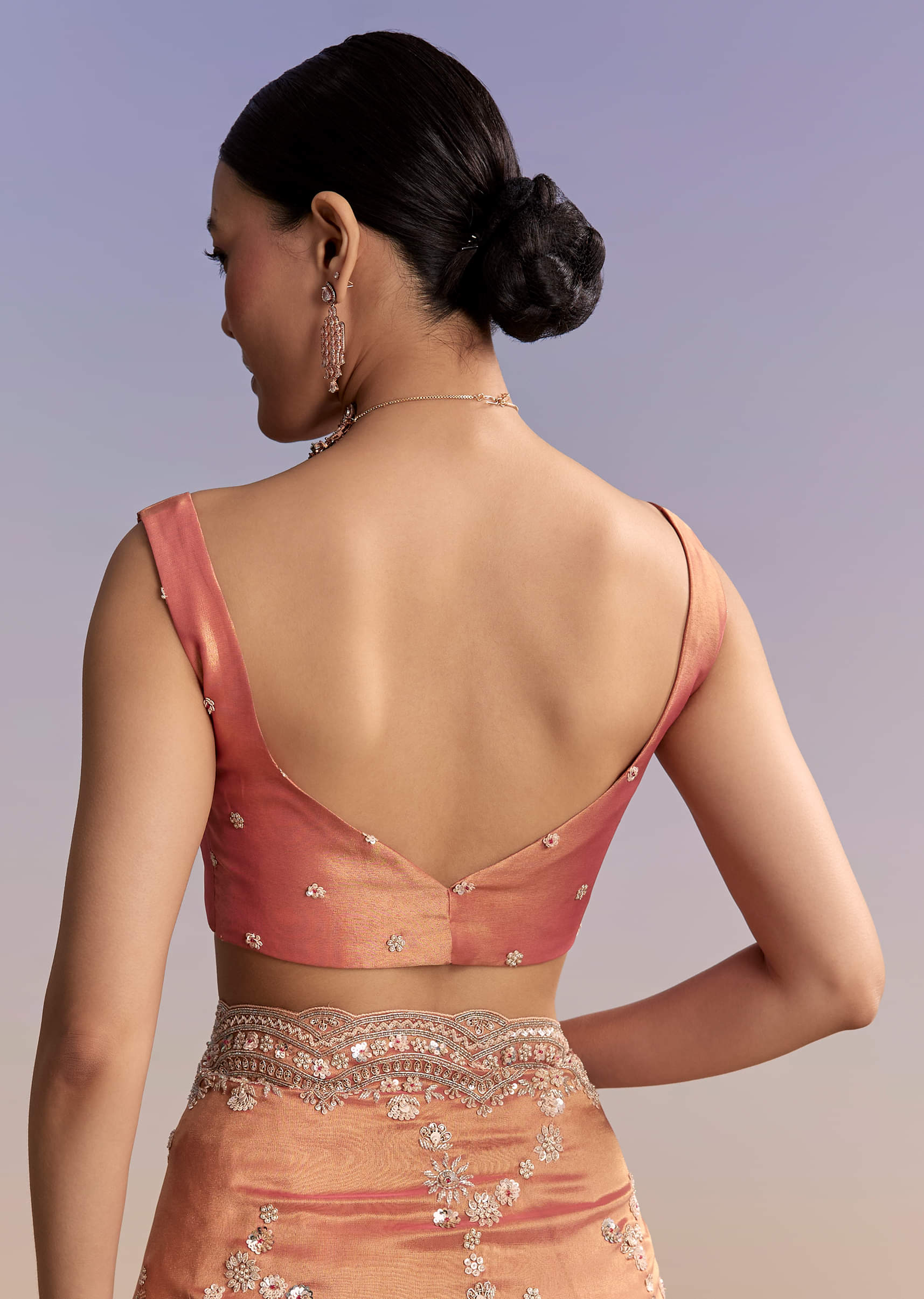 Rust Tissue Embroidered Saree With Cutdana And Stone Work - Image 8