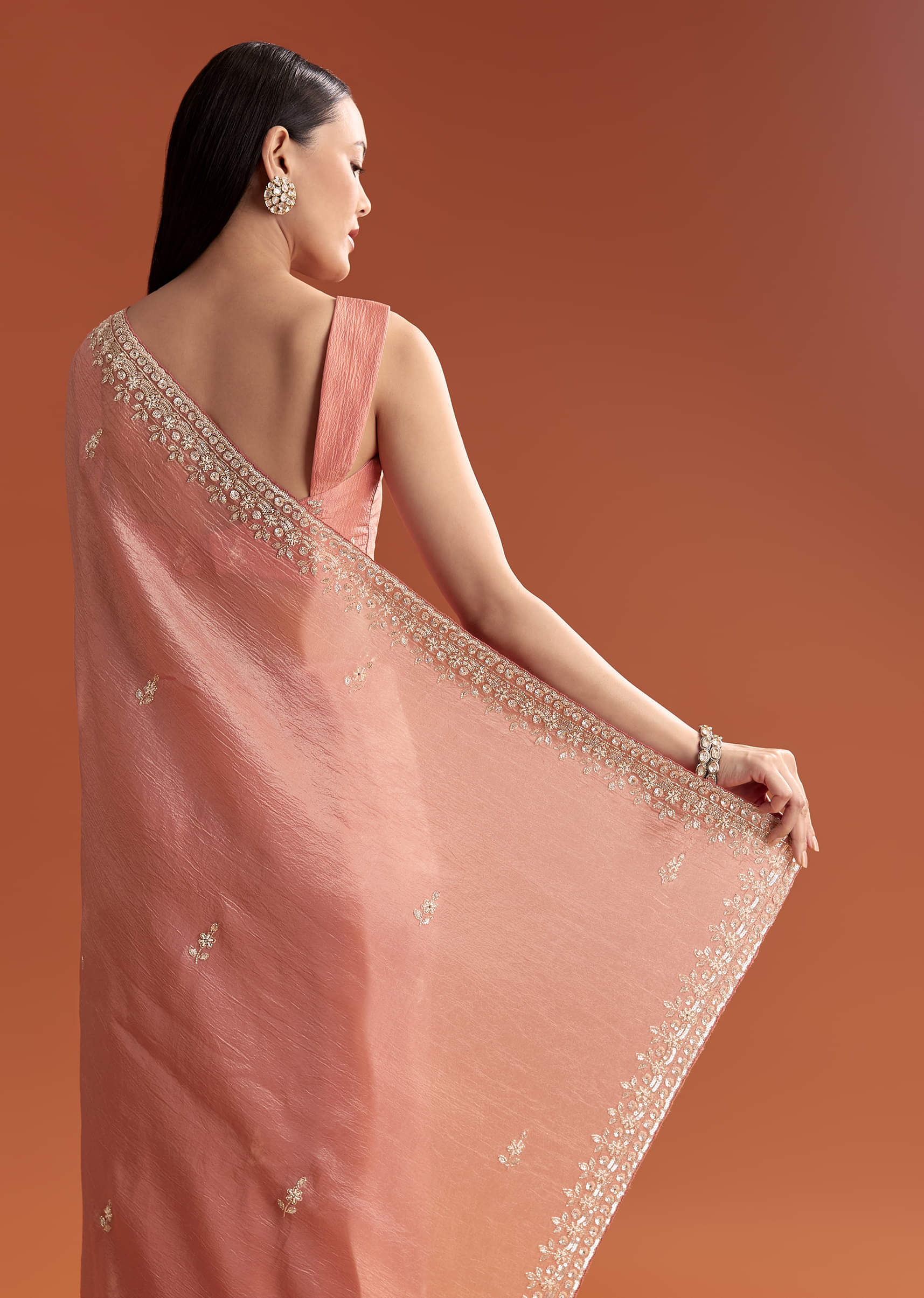 Rust Tissue Saree With Butti And Border Embroidery - Image 6