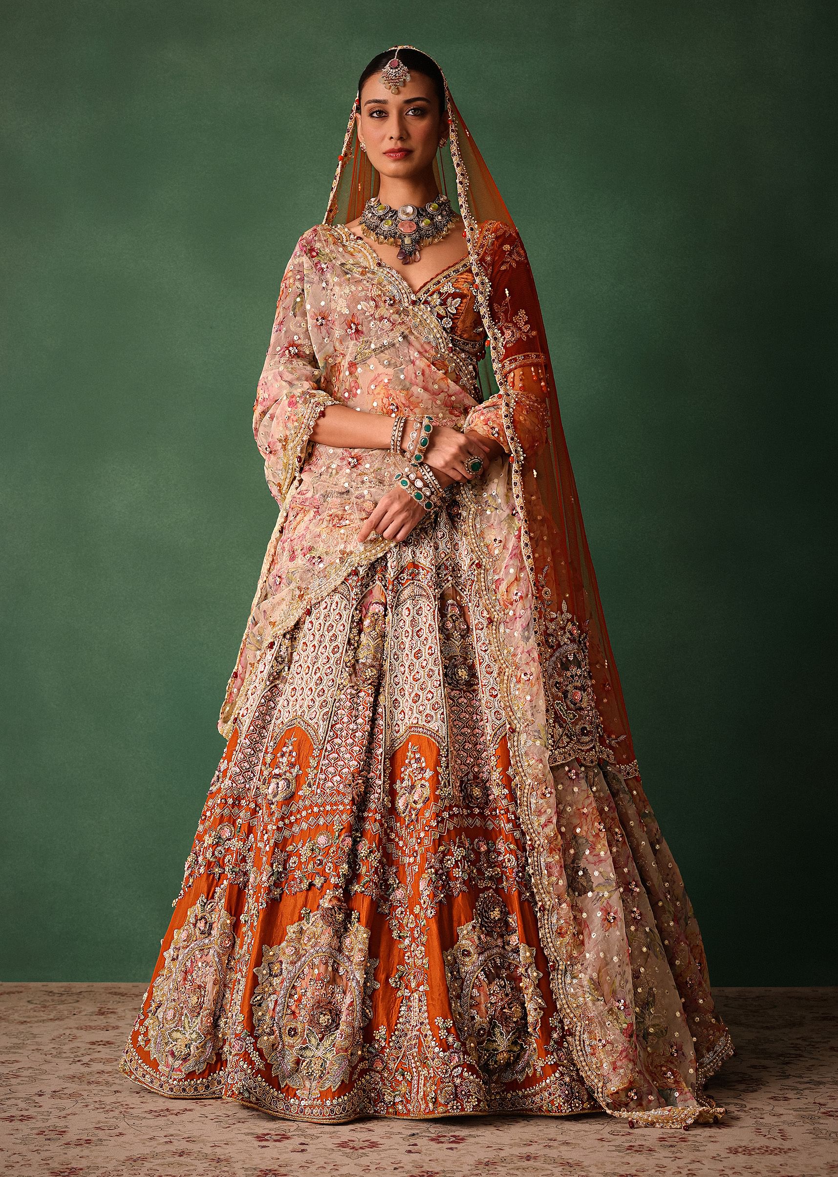 Rust V Neck Blouse With Heavy Jaal Cutdana Work Bridal Lehenga And Heavy Dupatta - Image 3