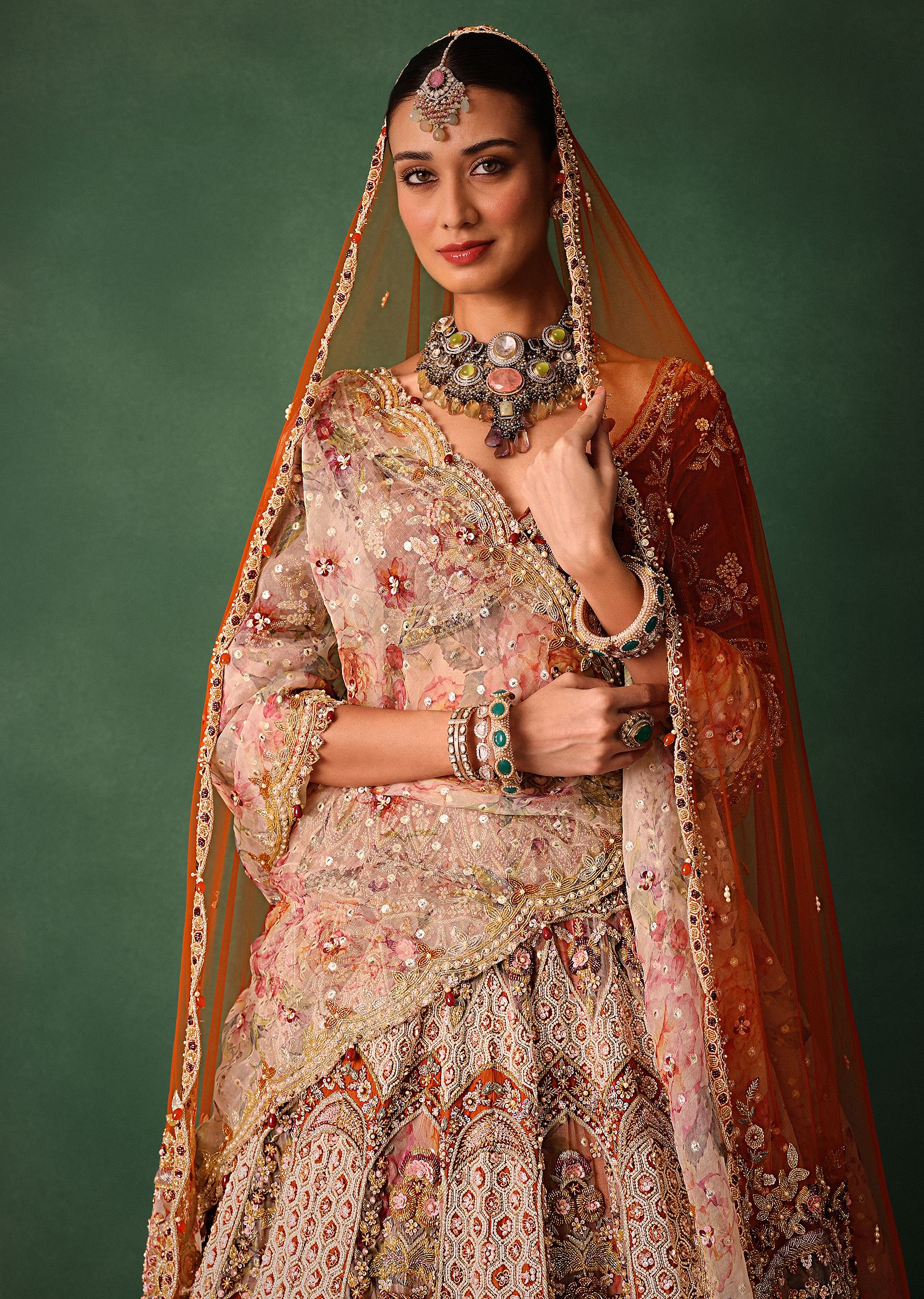 Rust V Neck Blouse With Heavy Jaal Cutdana Work Bridal Lehenga And Heavy Dupatta - Image 4
