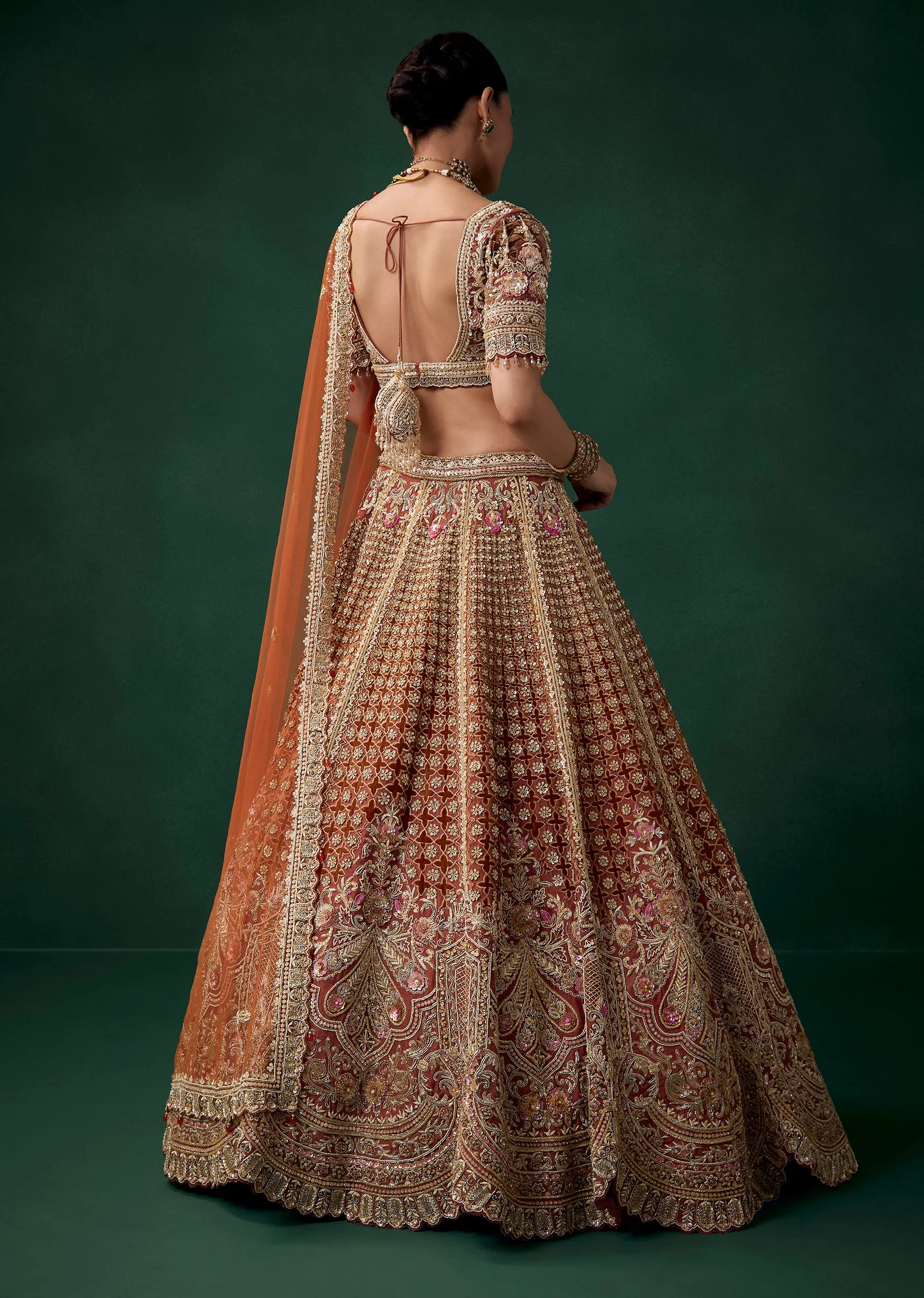 Rust Velvet Patchwork Bridal Lehenga Set with Two Dupattas - Image 2