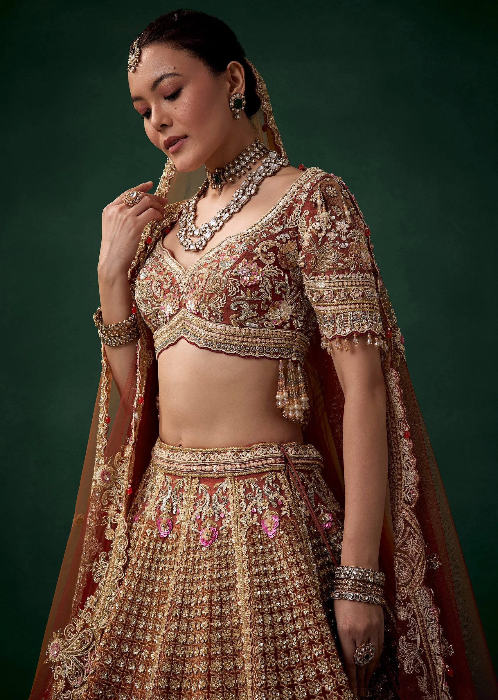 Rust Velvet Patchwork Bridal Lehenga Set with Two Dupattas - Image 3