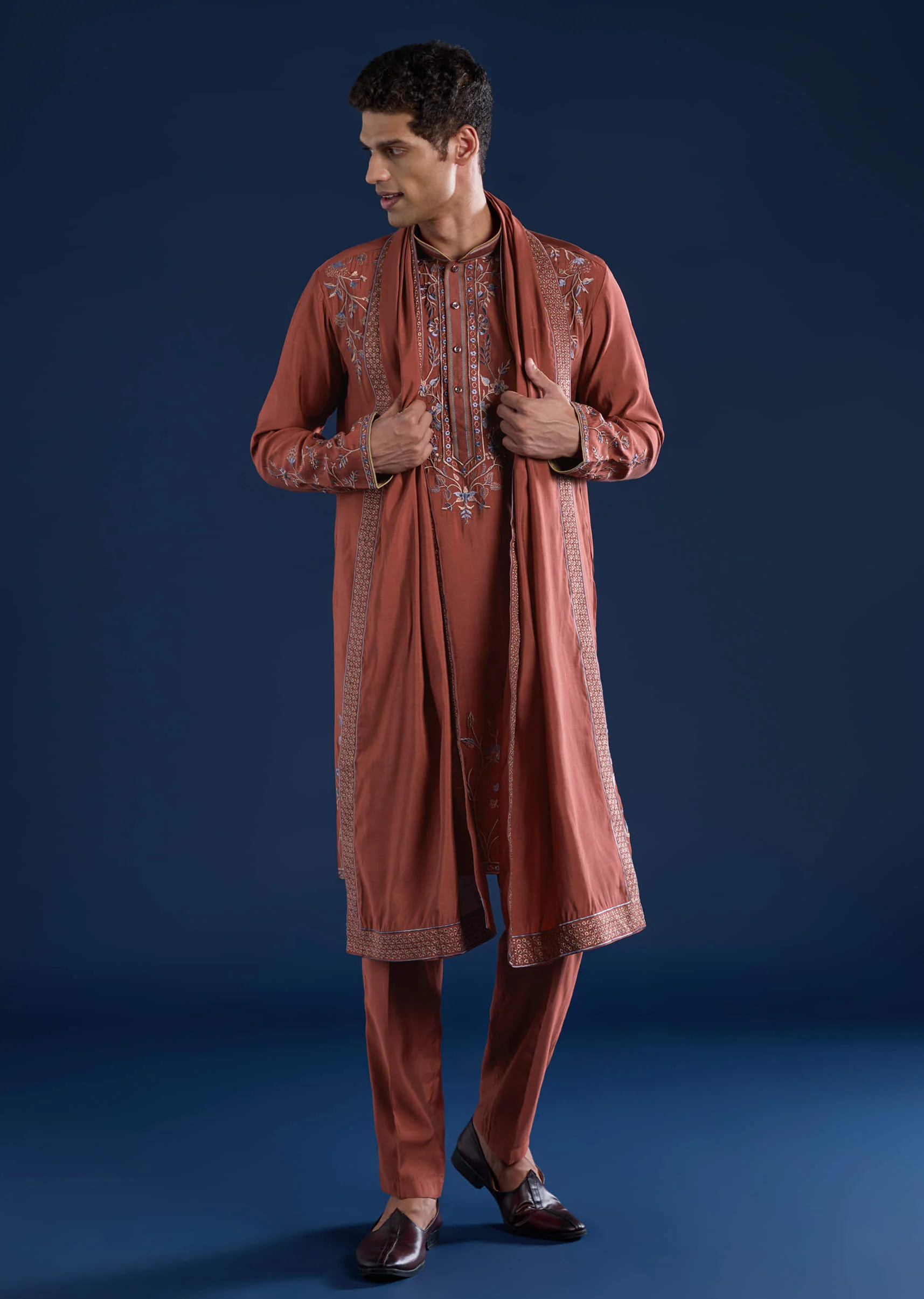 Rust Viscose Embroidered Mens Kurta Set with Dupatta