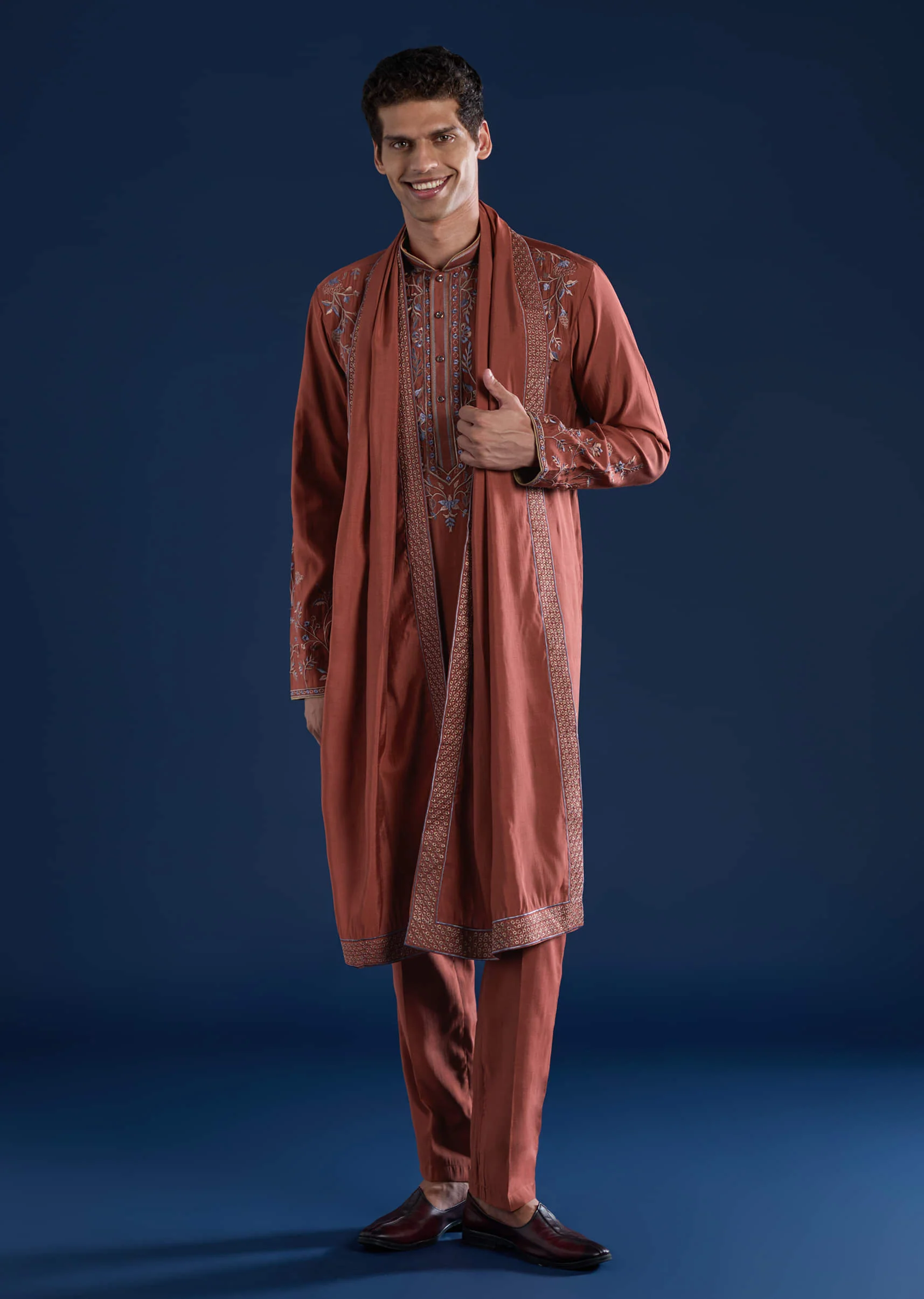 Rust Viscose Embroidered Mens Kurta Set with Dupatta - Image 3