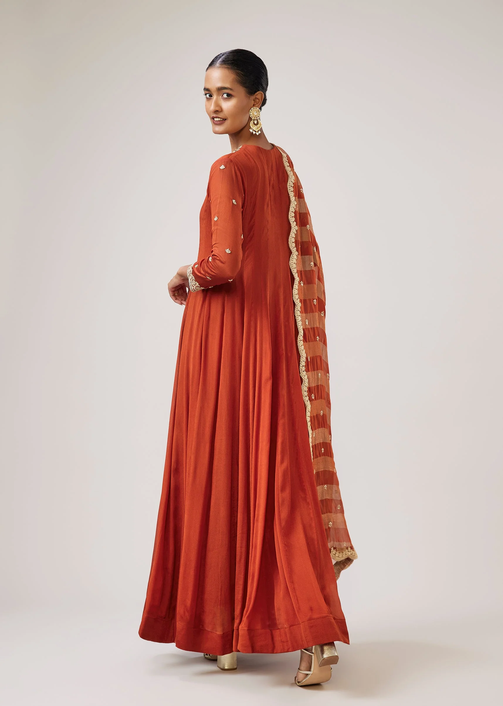 Rust Zardozi Work Chinon Anarkali With Embroidered Dupatta - Image 4