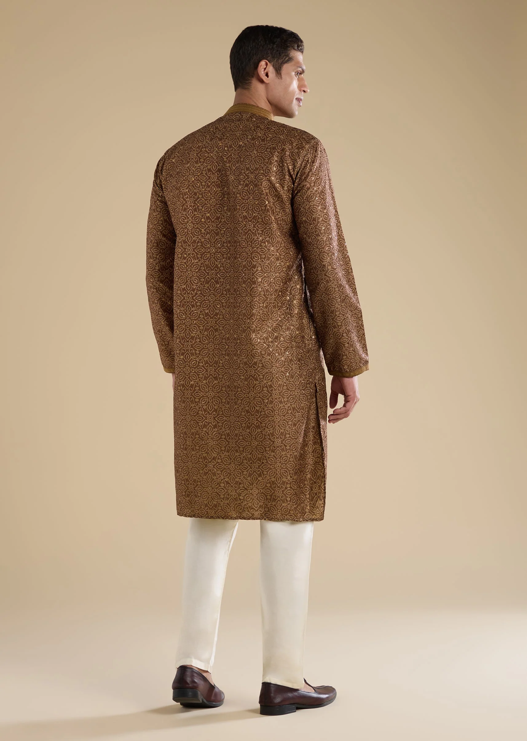 Rustic Brown Festive Pair – Jacquard Kurta Sharara Set For Her And Brown Casual Kurta Set For Him - Image 10