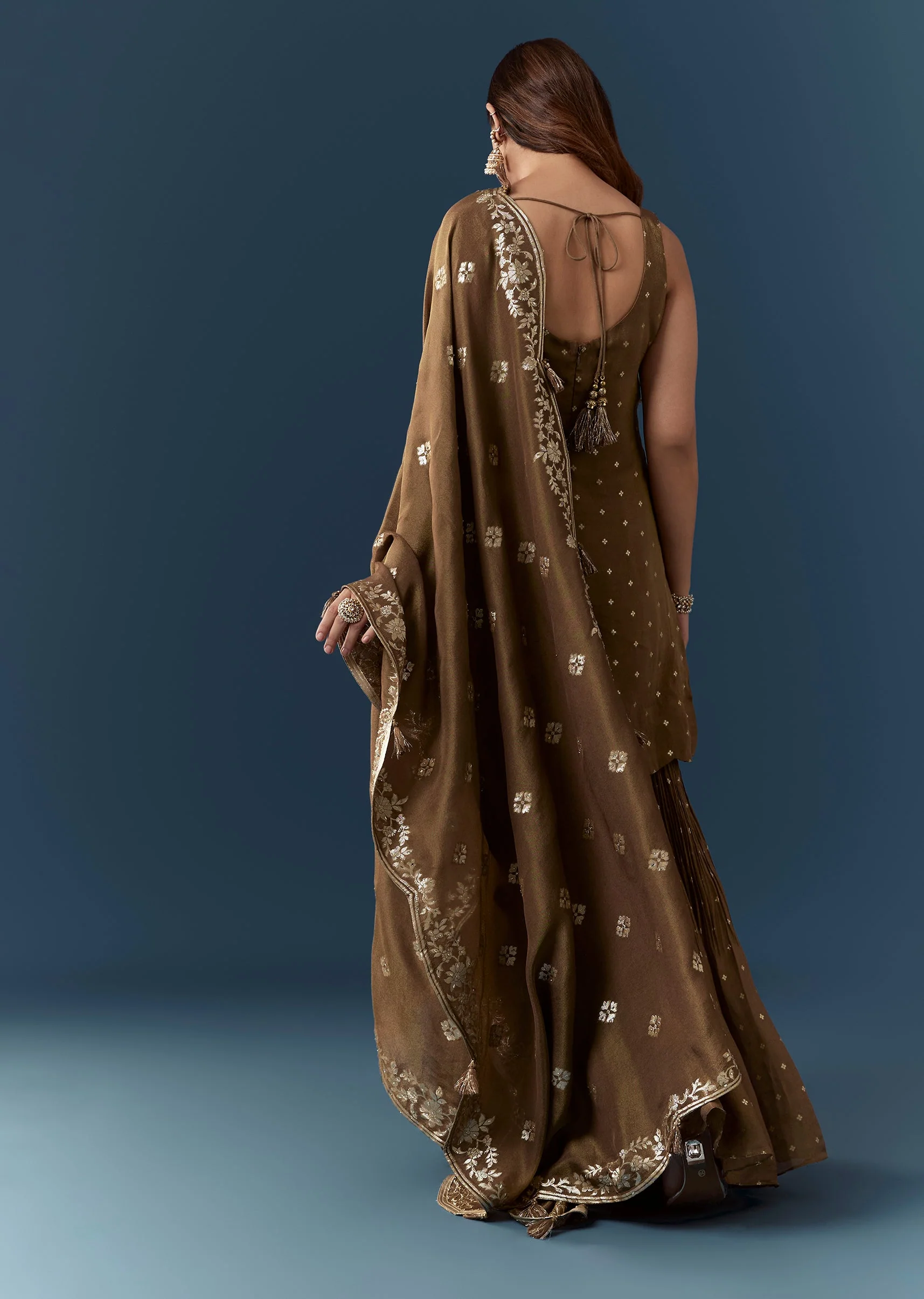Rustic Brown Festive Pair – Jacquard Kurta Sharara Set For Her And Brown Casual Kurta Set For Him - Image 5