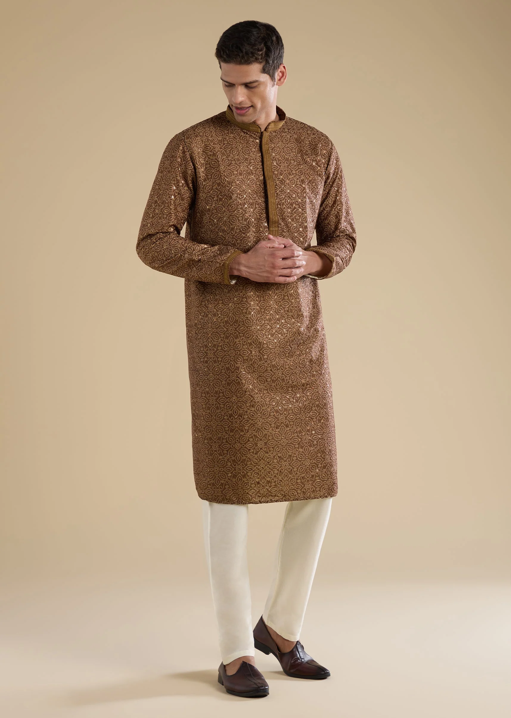 Rustic Brown Festive Pair – Jacquard Kurta Sharara Set For Her And Brown Casual Kurta Set For Him - Image 8