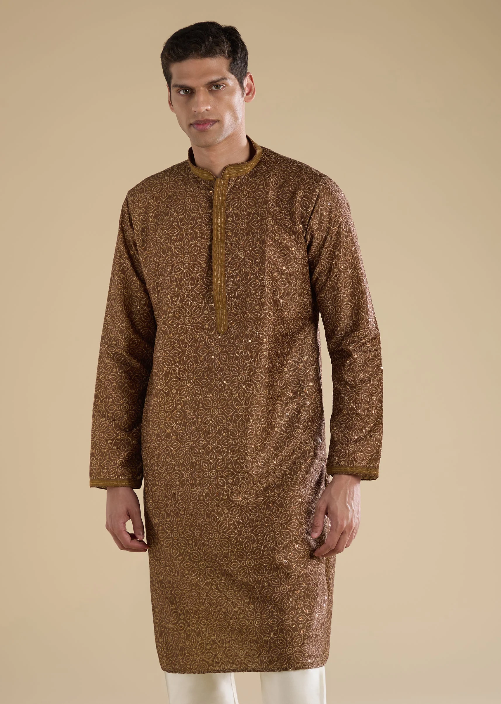 Rustic Brown Festive Pair – Jacquard Kurta Sharara Set For Her And Brown Casual Kurta Set For Him - Image 9