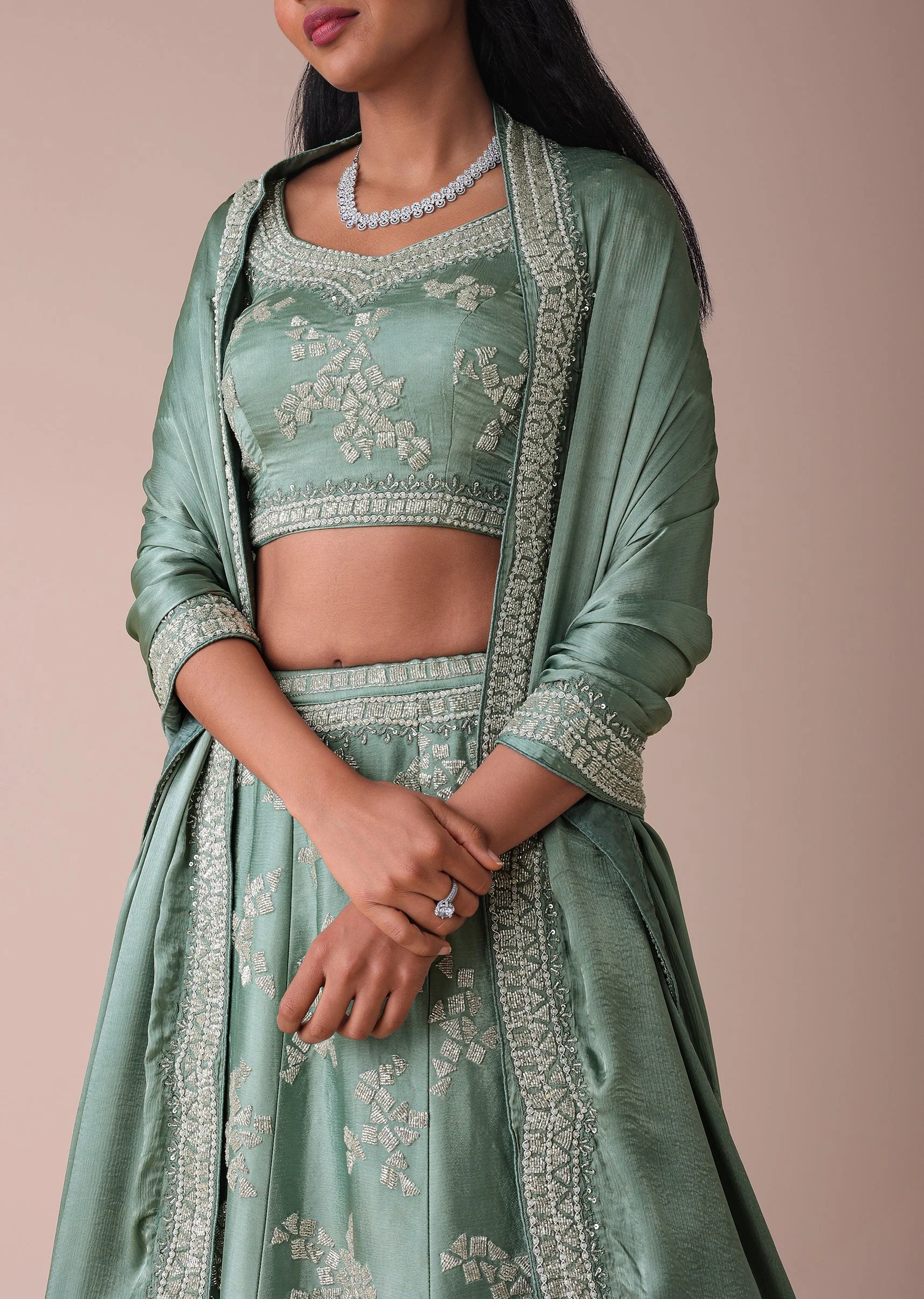 Pista Green Lehenga With Handwork Embroidery - Image 3