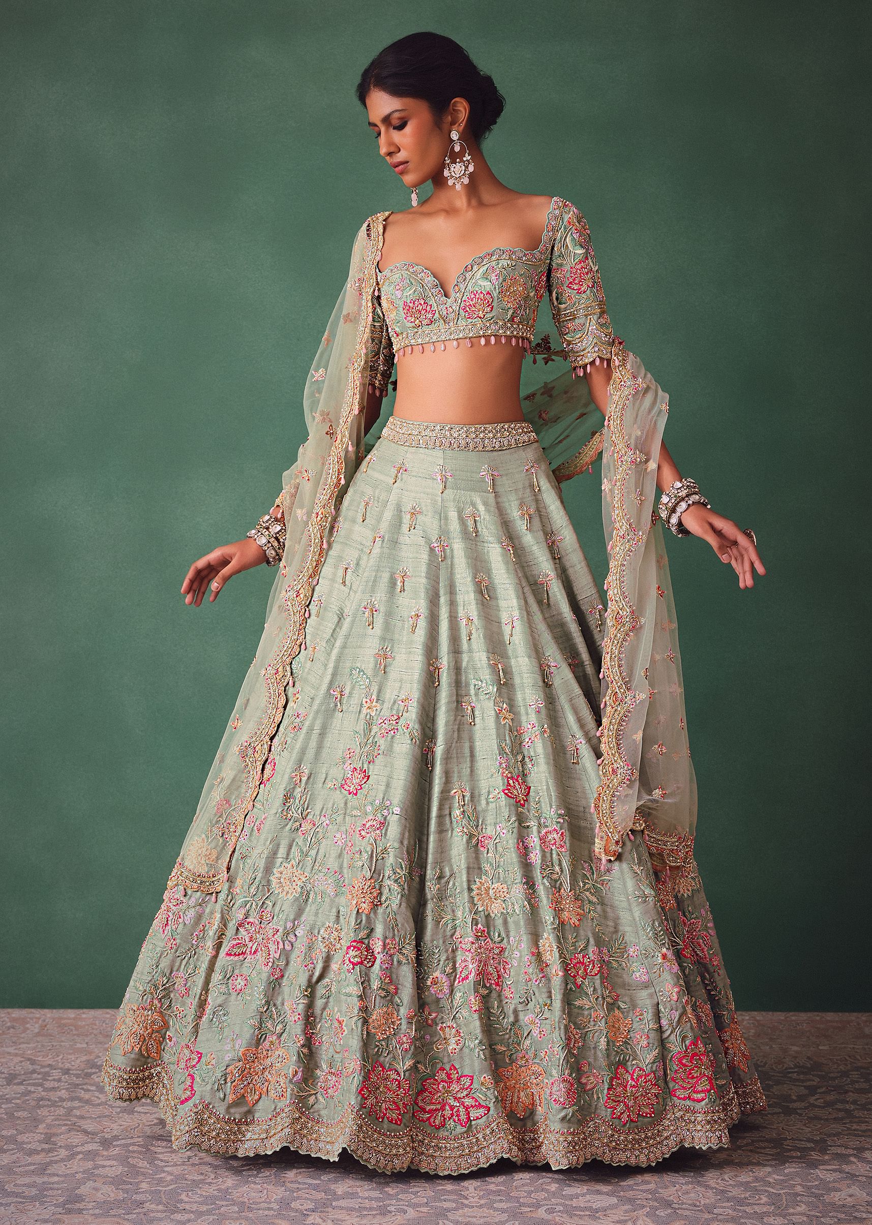 Sage Green Kali Lehenga With Embroidered Blouse And Dupatta - Image 3