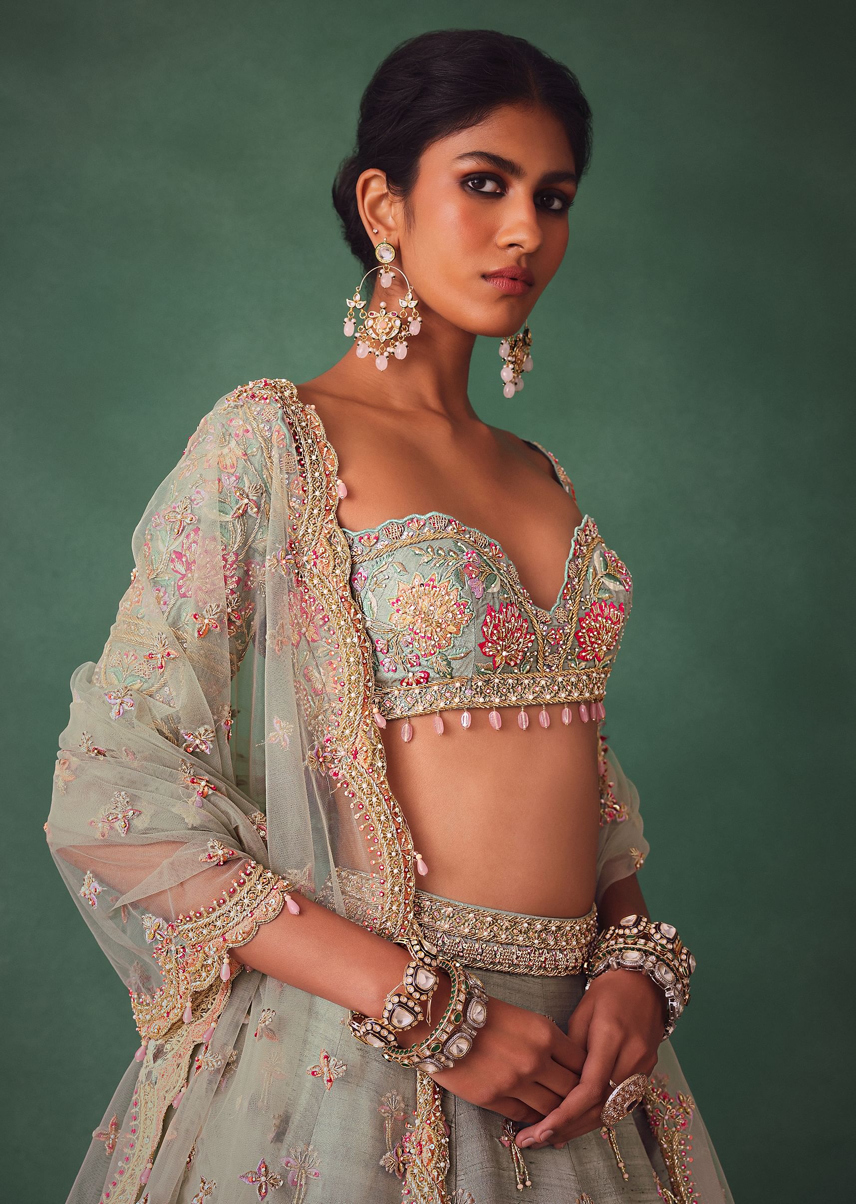 Sage Green Kali Lehenga With Embroidered Blouse And Dupatta - Image 5