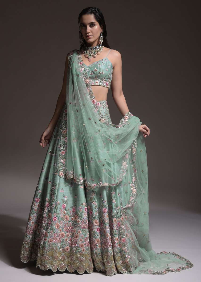 Sage Green Lehenga Choli In Raw Silk With Vibrant Resham Embroidered Cluster Of Summer Blooms And Buttis - Image 3