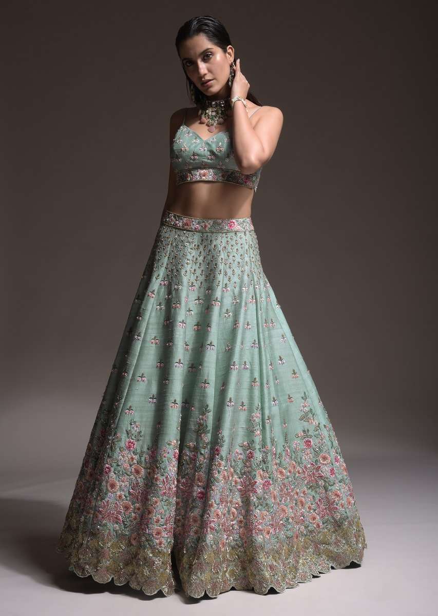 Sage Green Lehenga Choli In Raw Silk With Vibrant Resham Embroidered Cluster Of Summer Blooms And Buttis - Image 4