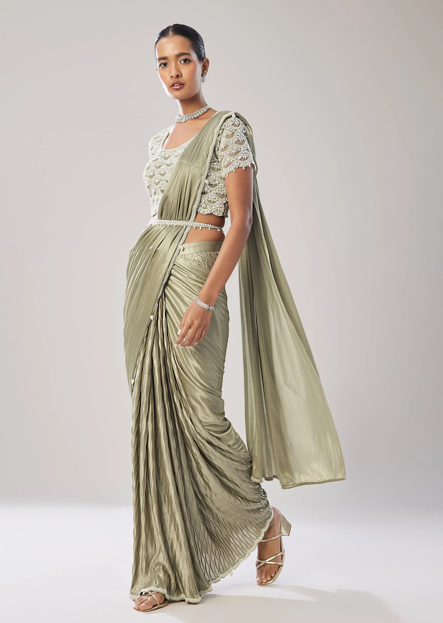 Sage Green Ready Pleated Saree With Belt - Image 3
