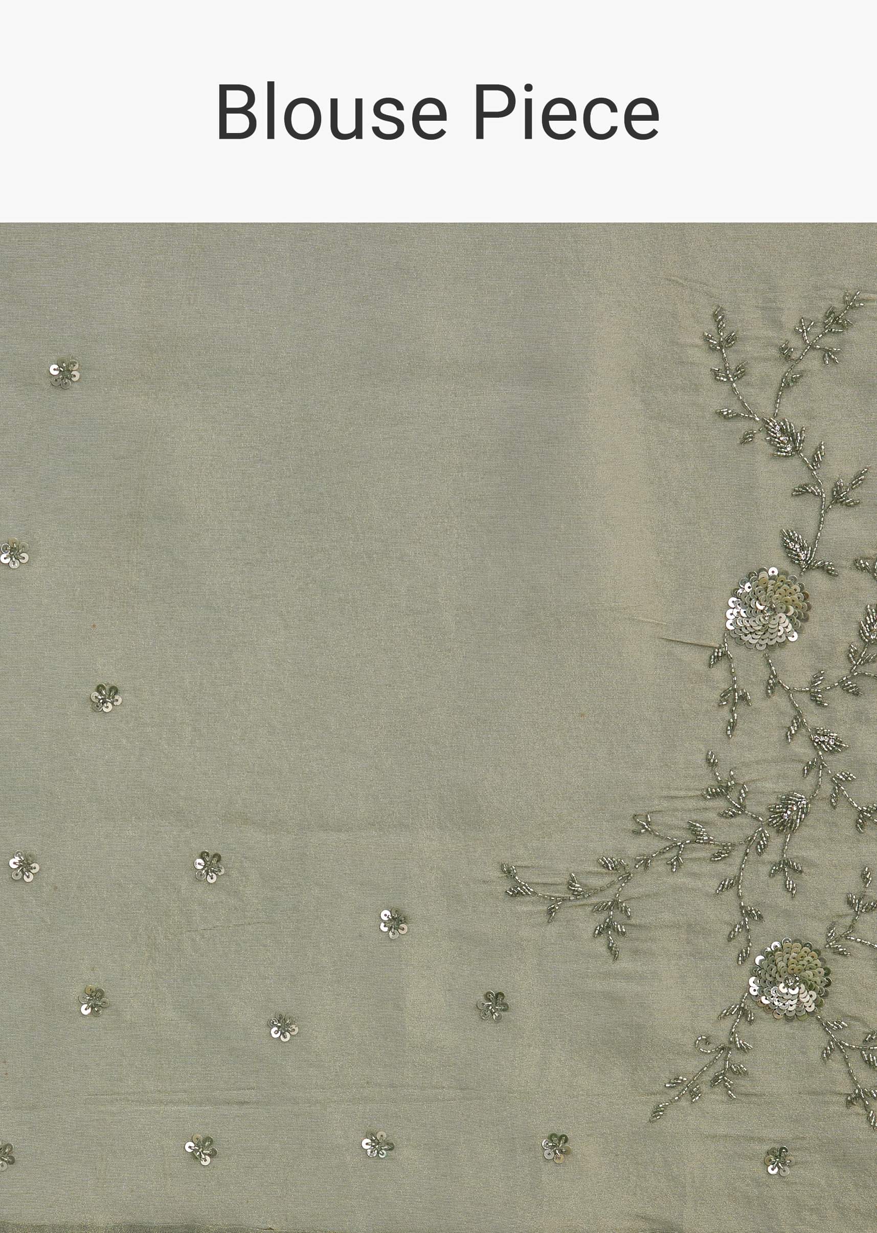 Sage Green Tissue Floral Embroidered Saree With Cutdana And Sequin Work - Image 10