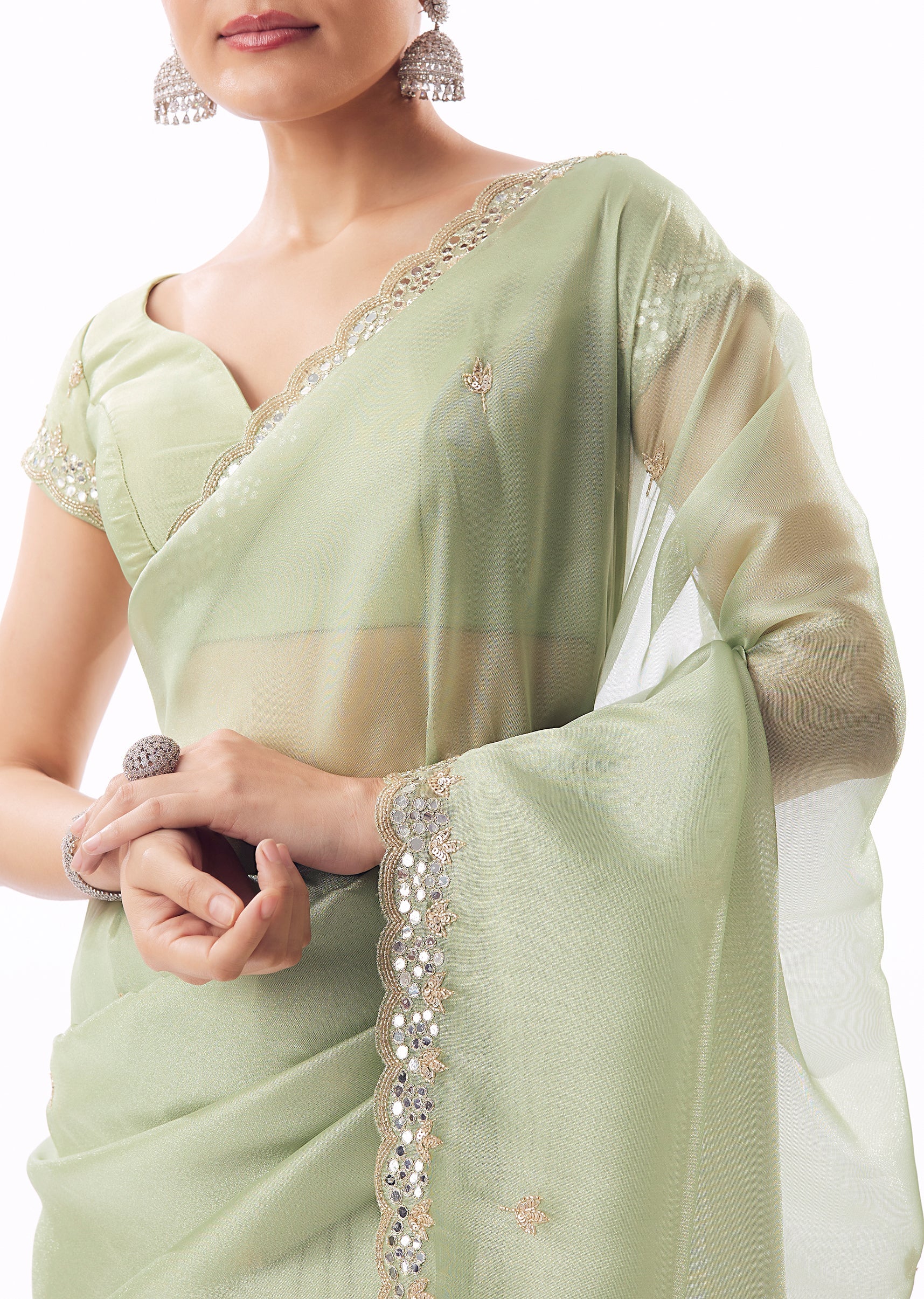 Sage Green Tissue Saree With Scallop Border And Cutdana Sequin Mirror Embroidery - Image 2